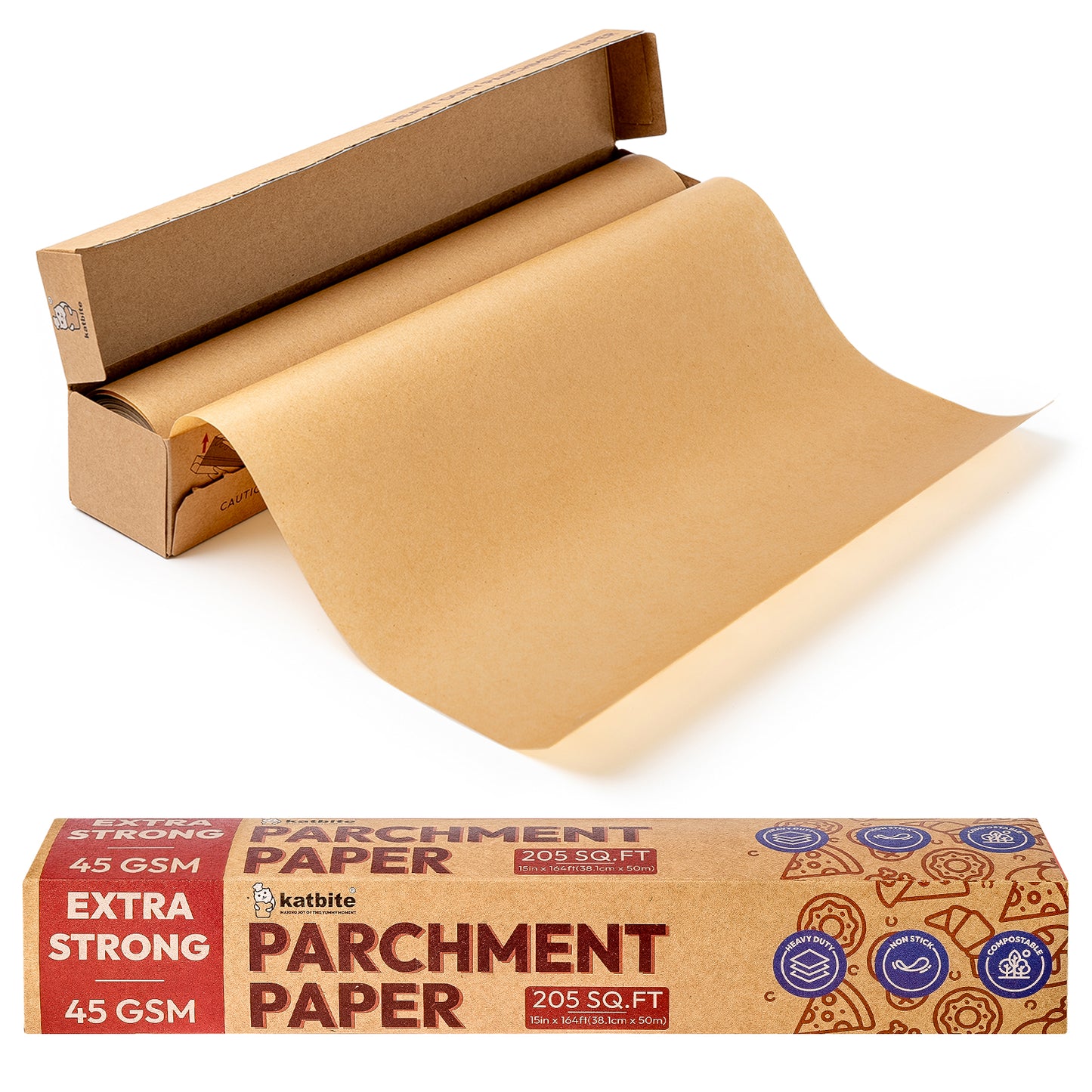 Katbite Heavy Duty Unbleached Parchment Paper Roll for Baking, 15 in x 164 ft, 205 sq.ft, Brown