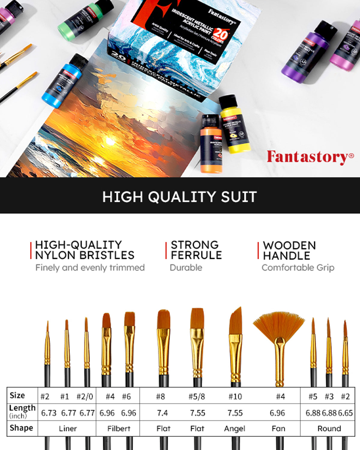 Fantastory Metallic Iridescent Acrylic Paint Set with 12 Brushes, 20 x 2oz Metallic Colors, Color-Shifting, Craft Paint Kit, Metal/Canvas/Rock/Stone/Ceramic/Model/Wood Painting