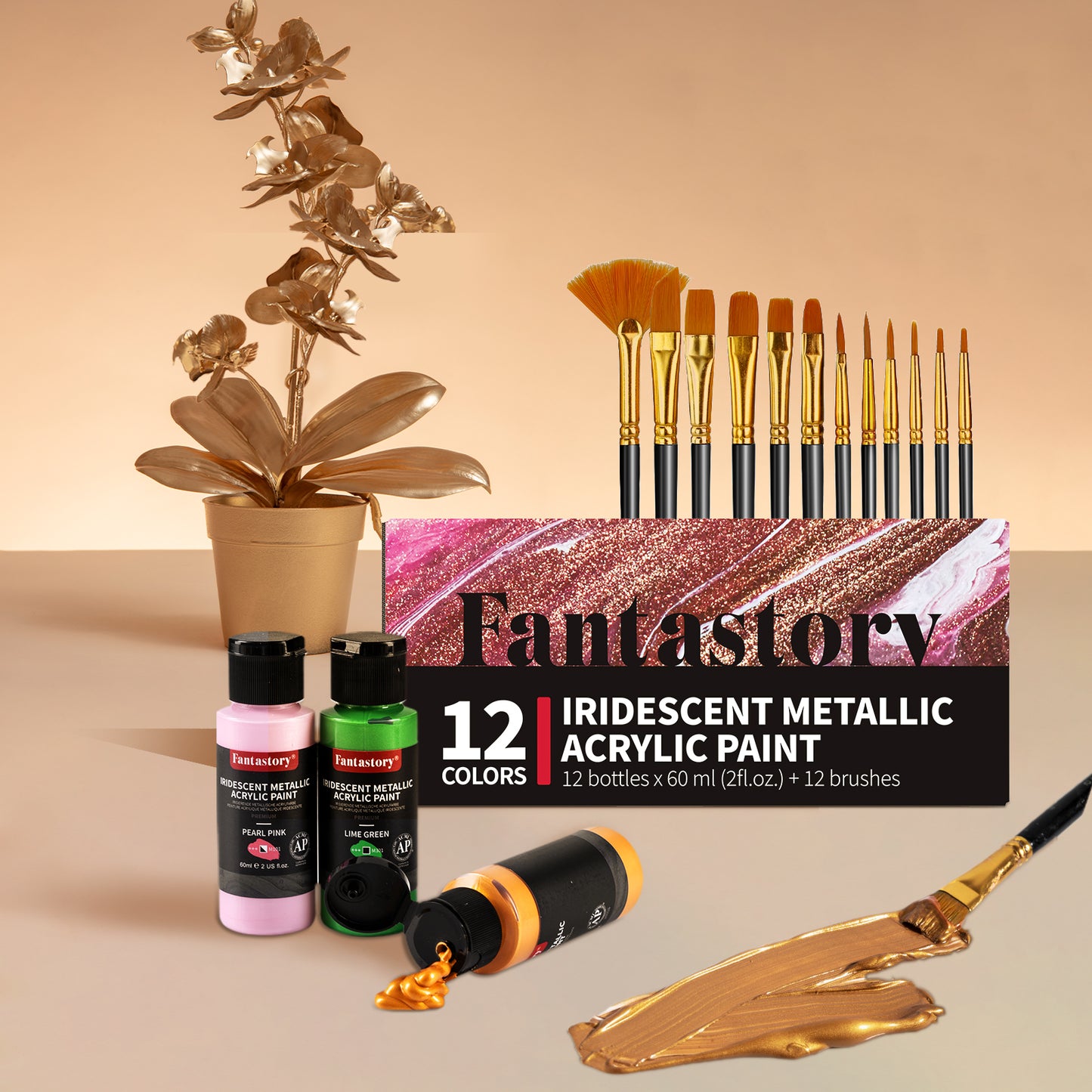 Fantastory Metallic Iridescent Acrylic Paint Set with 12 Brushes, 12 x 2oz Metallic Colors, Color-Shifting, Craft Paint Kit