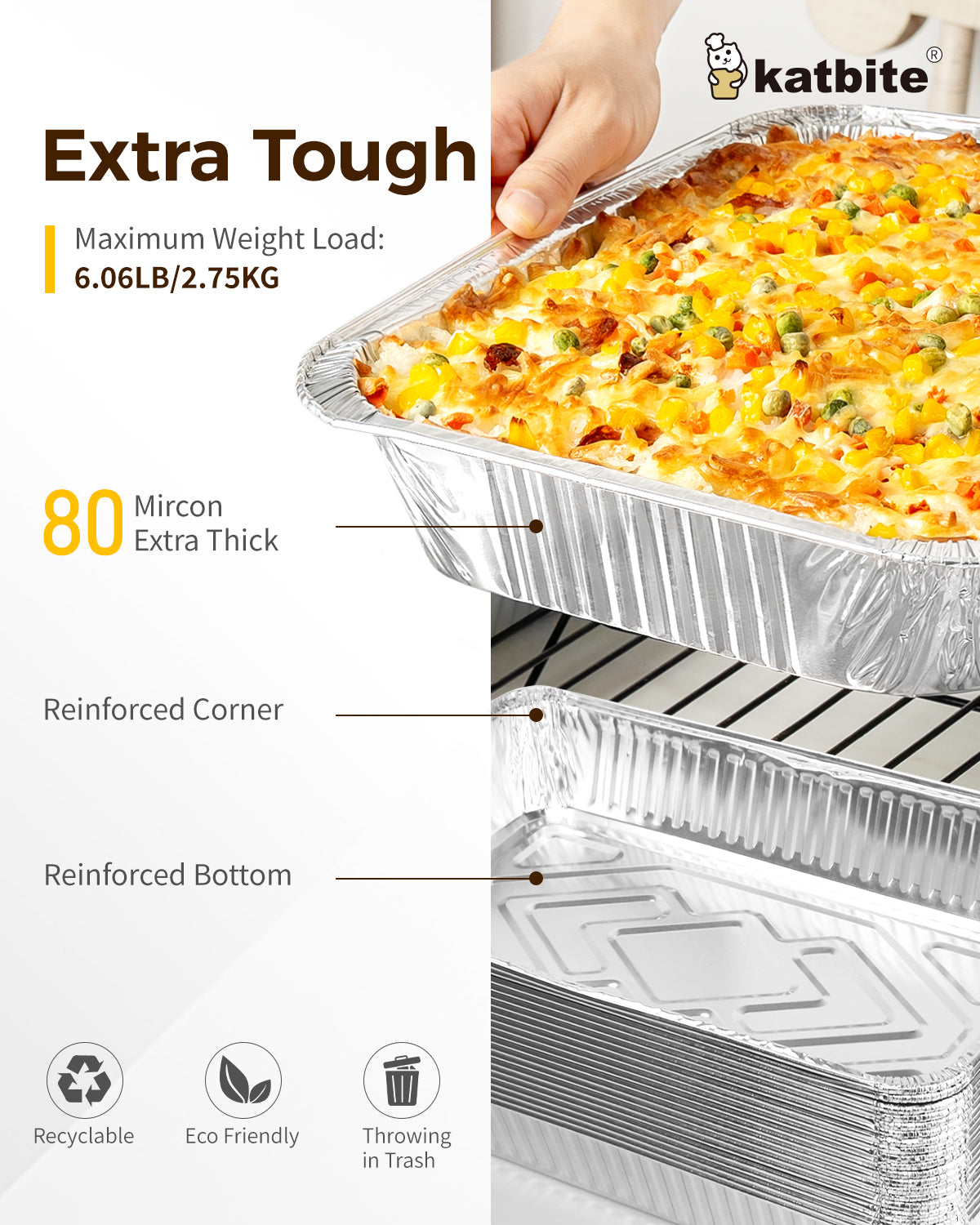 Katbite Heavy Duty 9x13 Aluminum Foil Pans, 10-Pack Disposable Baking Tray Set