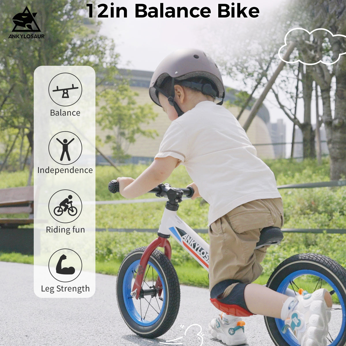 ANKLOSAUR No Pedal Balance Bike, 12" Toddler Bicycle with Adjustable Seat Height Ages 2-5
