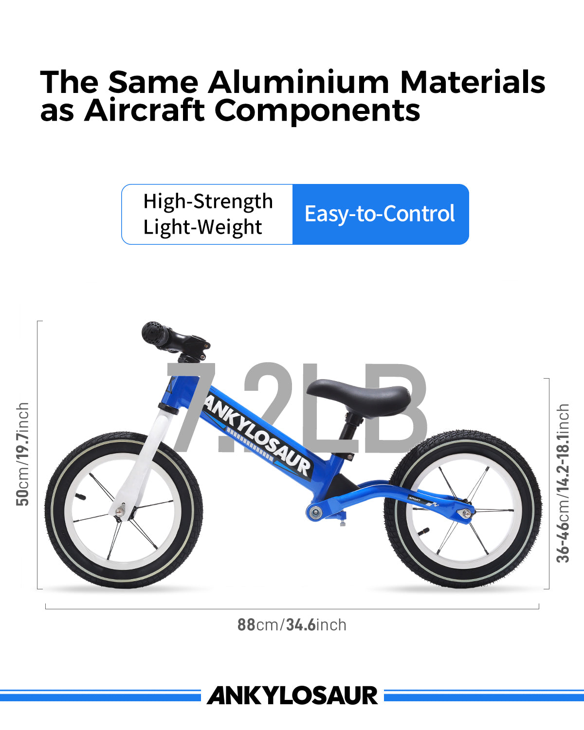 ANKYLOSAUR Lightweight 12" Aluminum Balance Bike for 2-5 Yr Olds, Unisex No-Pedal Trainer, Blue