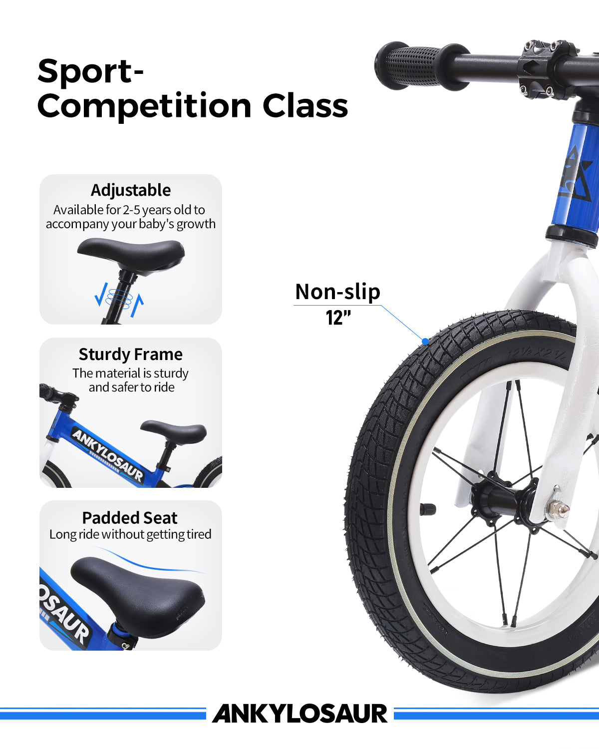 ANKYLOSAUR Lightweight 12" Aluminum Balance Bike for 2-5 Yr Olds, Unisex No-Pedal Trainer, Blue