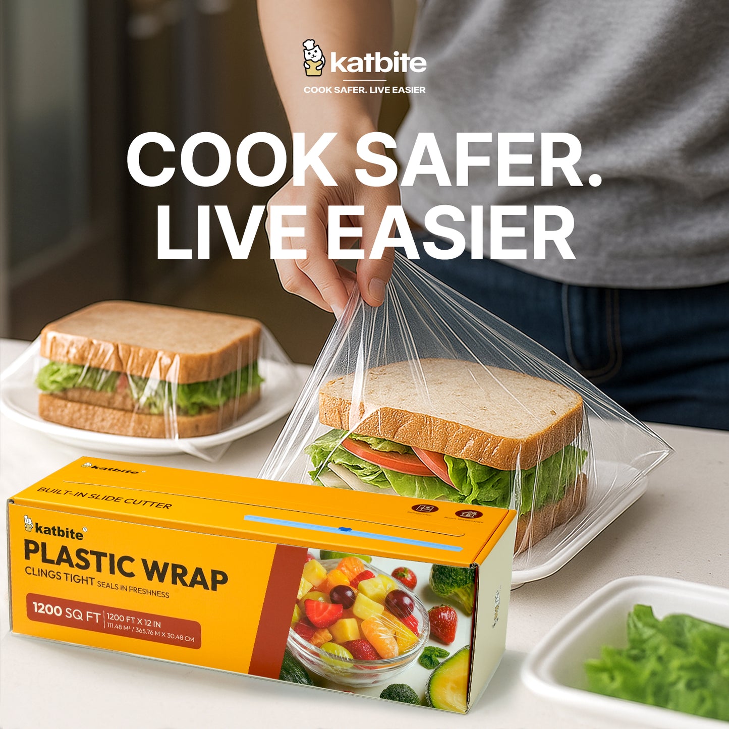Katbite Plastic Wrap Roll, 12 in x 1200 ft (1200 sq ft), Clear Food Wrap, Removable Slide Cutter Included