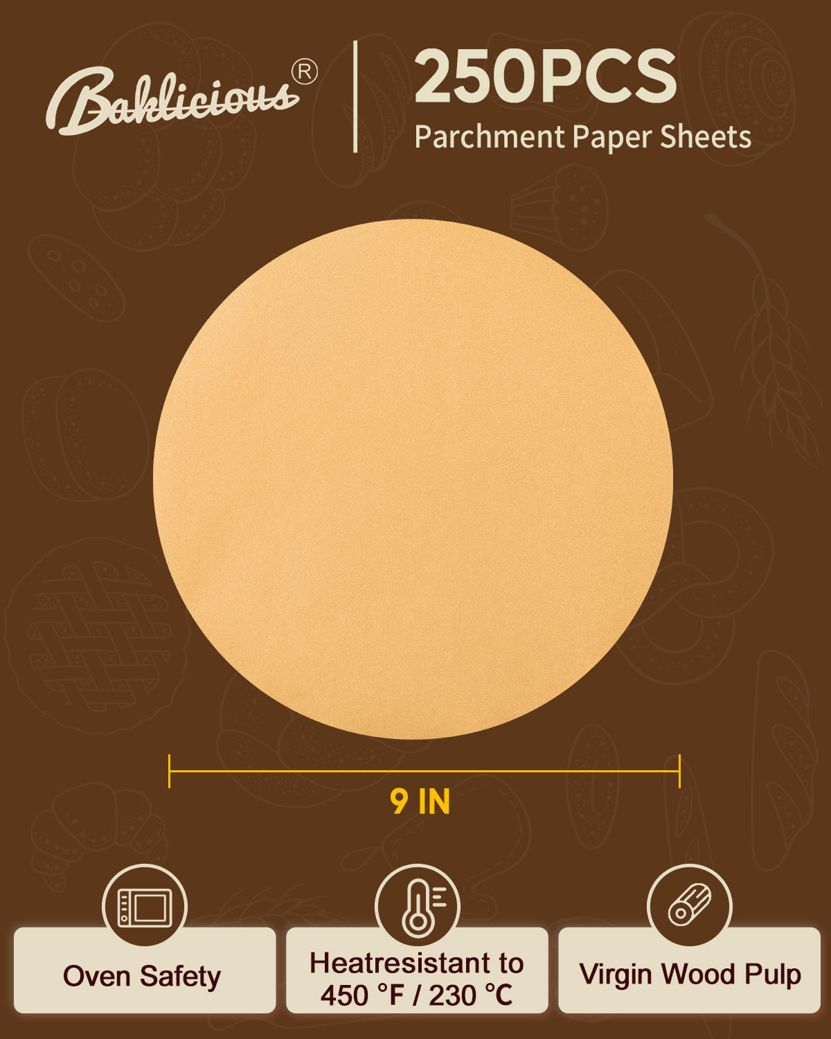 Baklicious 250 Count 9 inch Round Parchment Paper, Non-Stick Baking Liners for Cake Pans