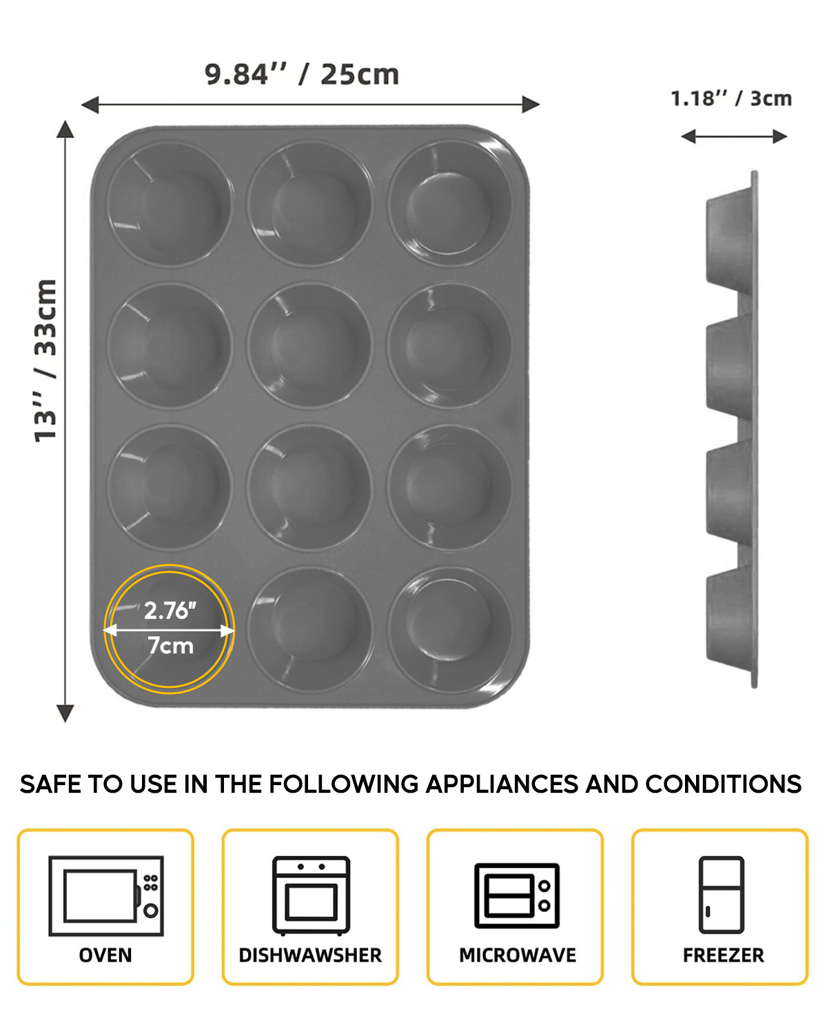 Katbite Silicone Muffin Pan, Non-stick BPA Free Cupcake Pans 12 Cups With 6 baking cups,Grey