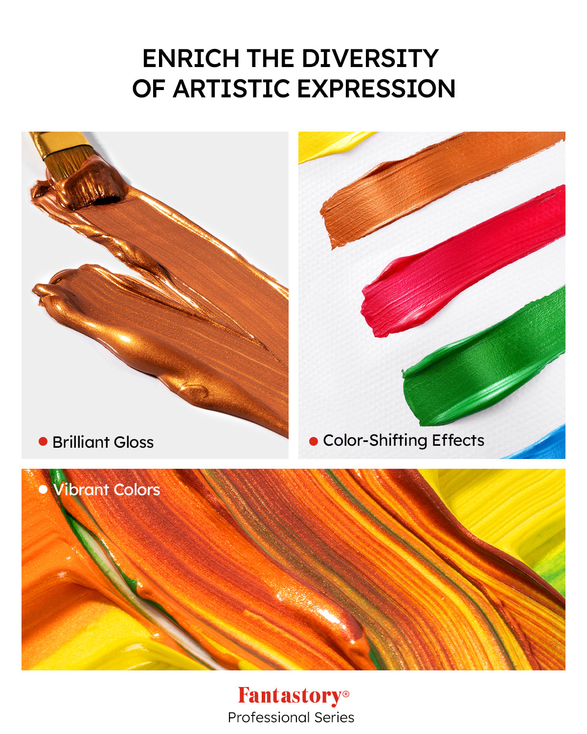 Fantastory Metallic Iridescent Acrylic Paint Set with 12 Brushes, 20 x 2oz Metallic Colors, Color-Shifting, Craft Paint Kit, Metal/Canvas/Rock/Stone/Ceramic/Model/Wood Painting
