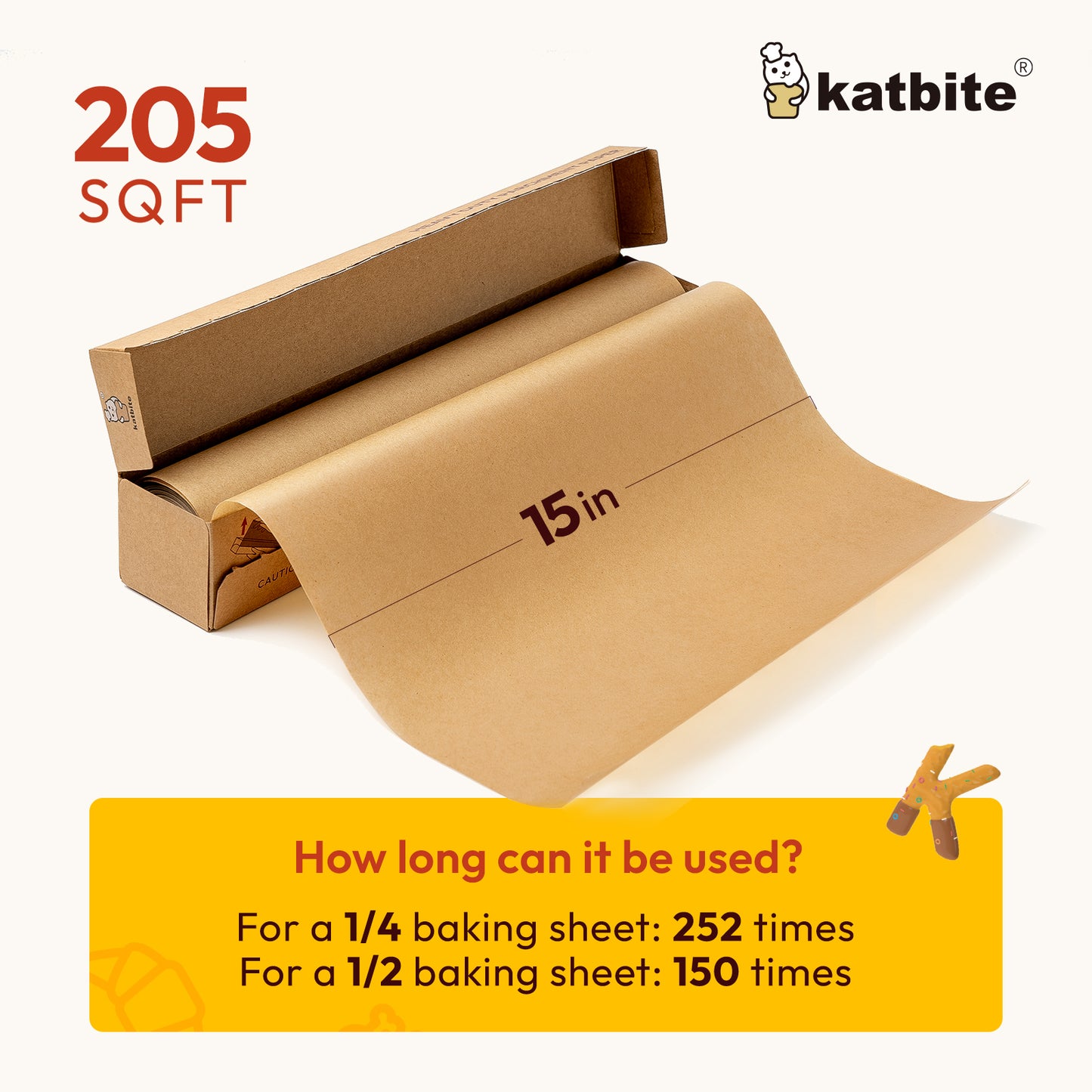 Katbite Heavy Duty Unbleached Parchment Paper Roll for Baking, 15 in x 164 ft, 205 sq.ft, Brown