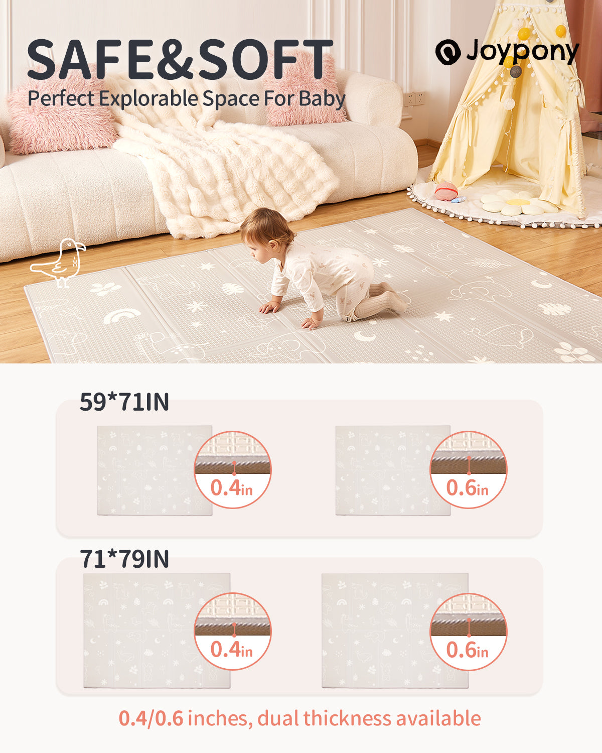 Joypony Baby Play Mat, 50x50 Inch Waterproof Reversible Foam Crawling Mat