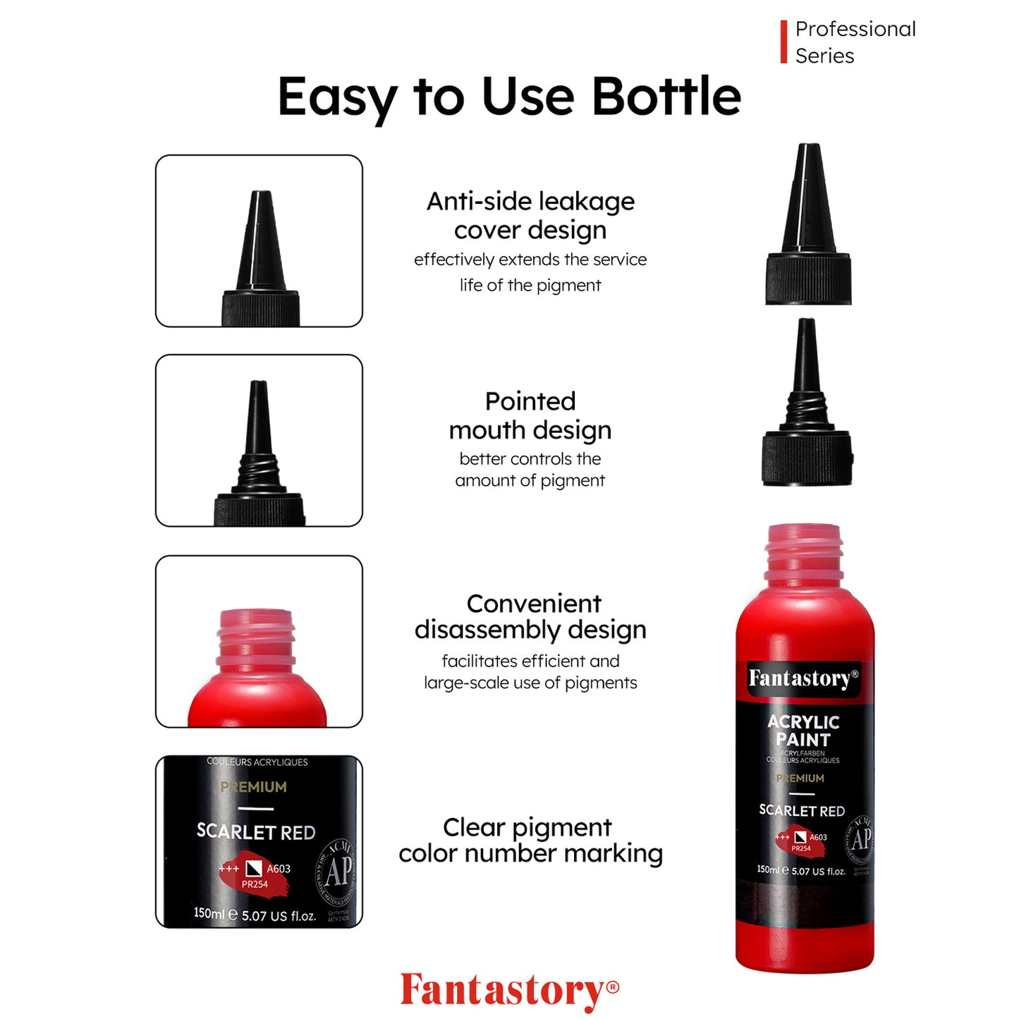 Fantastory Professional Titanium White Acrylic Paint (150ml/5oz) - Ultra High Coverage with Precision Color Accuracy, Artist-Grade Formula for Canvas/Wood/Clay/Fabric/Ceramic