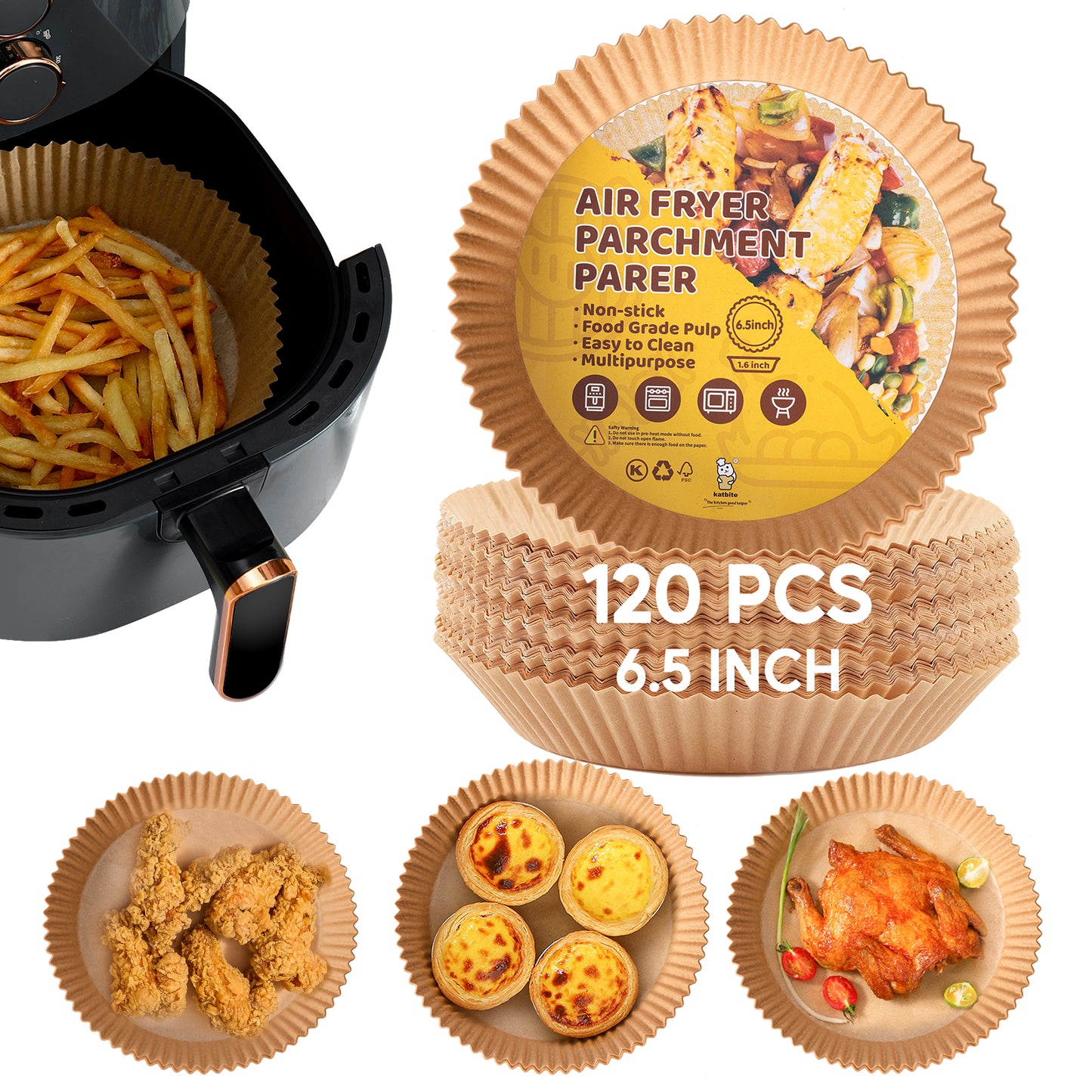 Katbite 120Pcs 6.5 Inch Unbleached Non-stick Air Fryer Disposable Paper Liner Parchment Paper