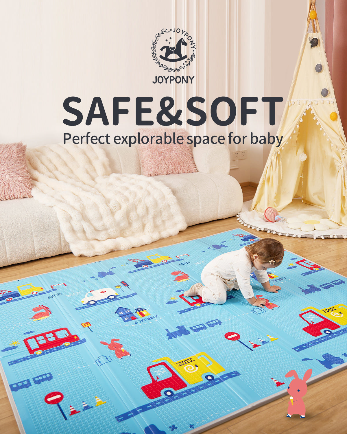 Joypony 79"x71" Waterproof Foldable Play Mat with Travel Bag – Extra Large for Baby & Toddlers