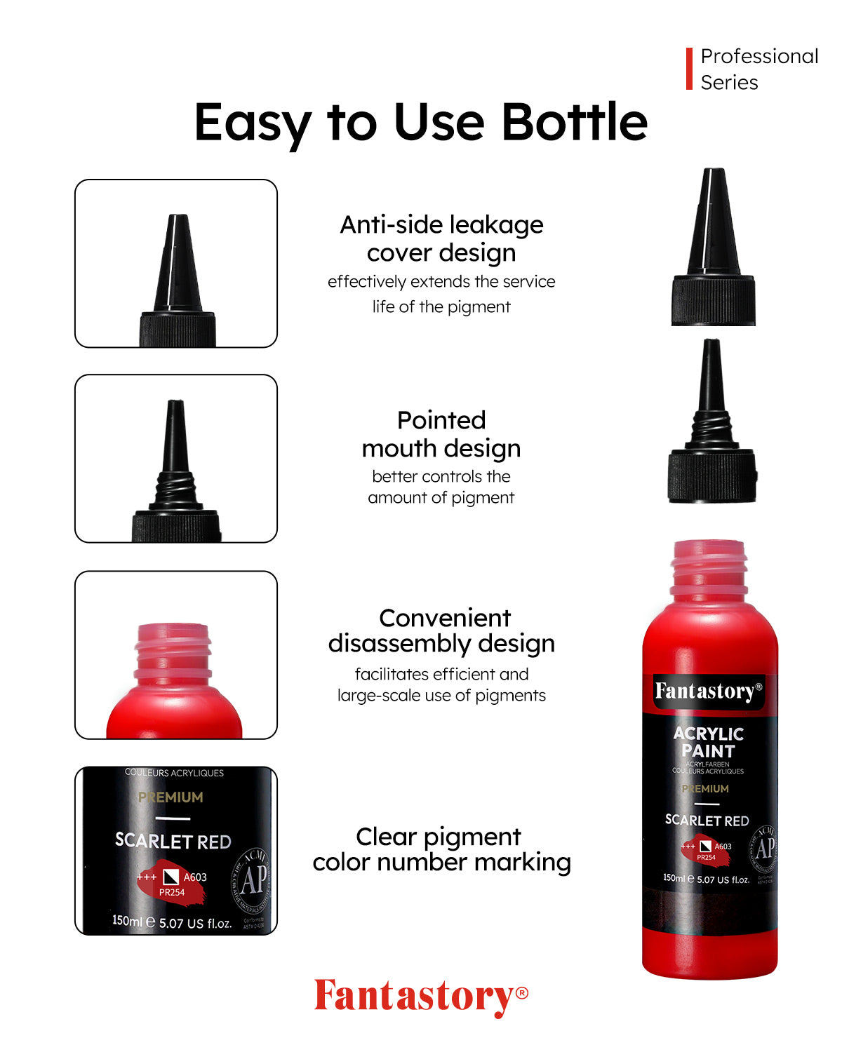 Fantastory Precision-Pro Acrylic Paint - Black (150ml/5oz) - Lab-Tested Color Accuracy + Superior Coverage, Professional Choice for Canvas/Wood/Clay/Textile/Pottery