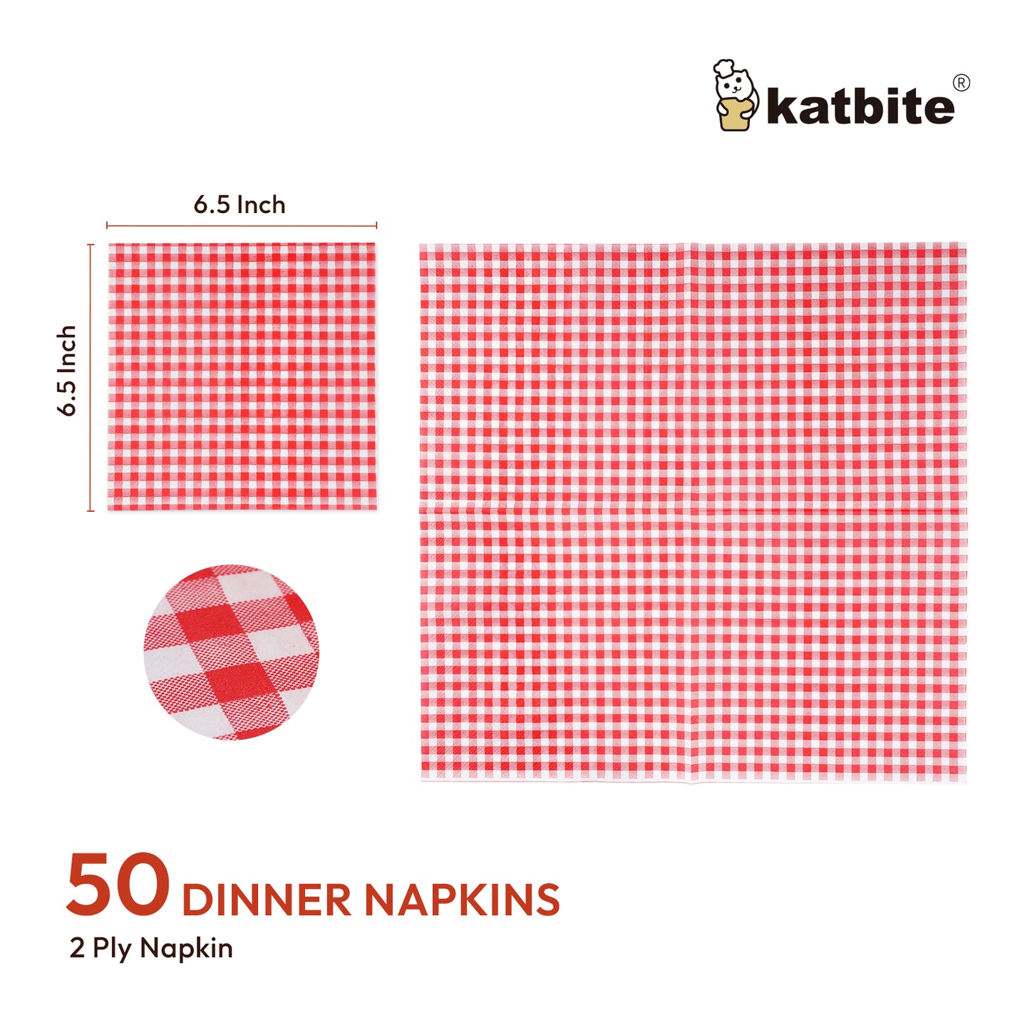 Katbite Disposable Paper Napkins Gingham Red and White, 6.5 inch, 50 Pcs