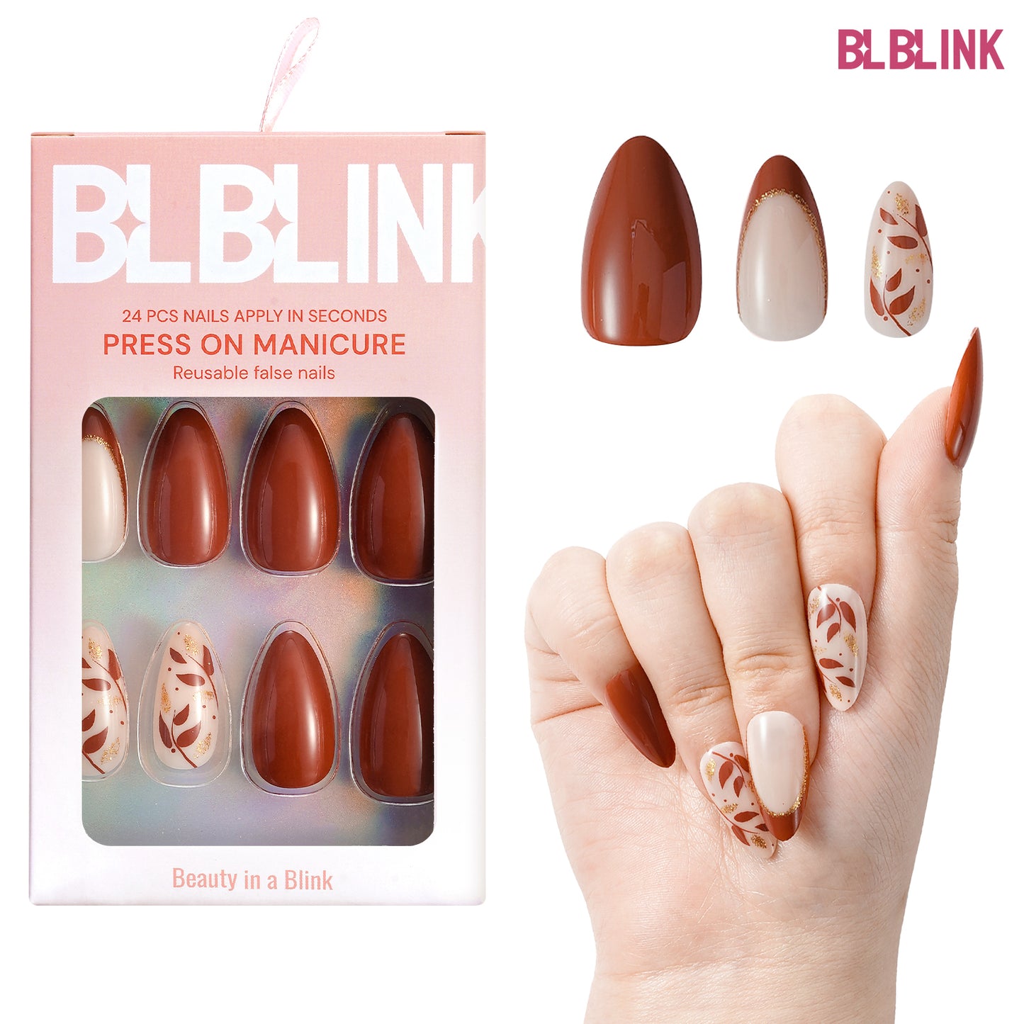 BLBLINK Everlasting Multicolor French Press-On Nails ,Almond Shape ,Simple Leaf Glitter Design 24pcs