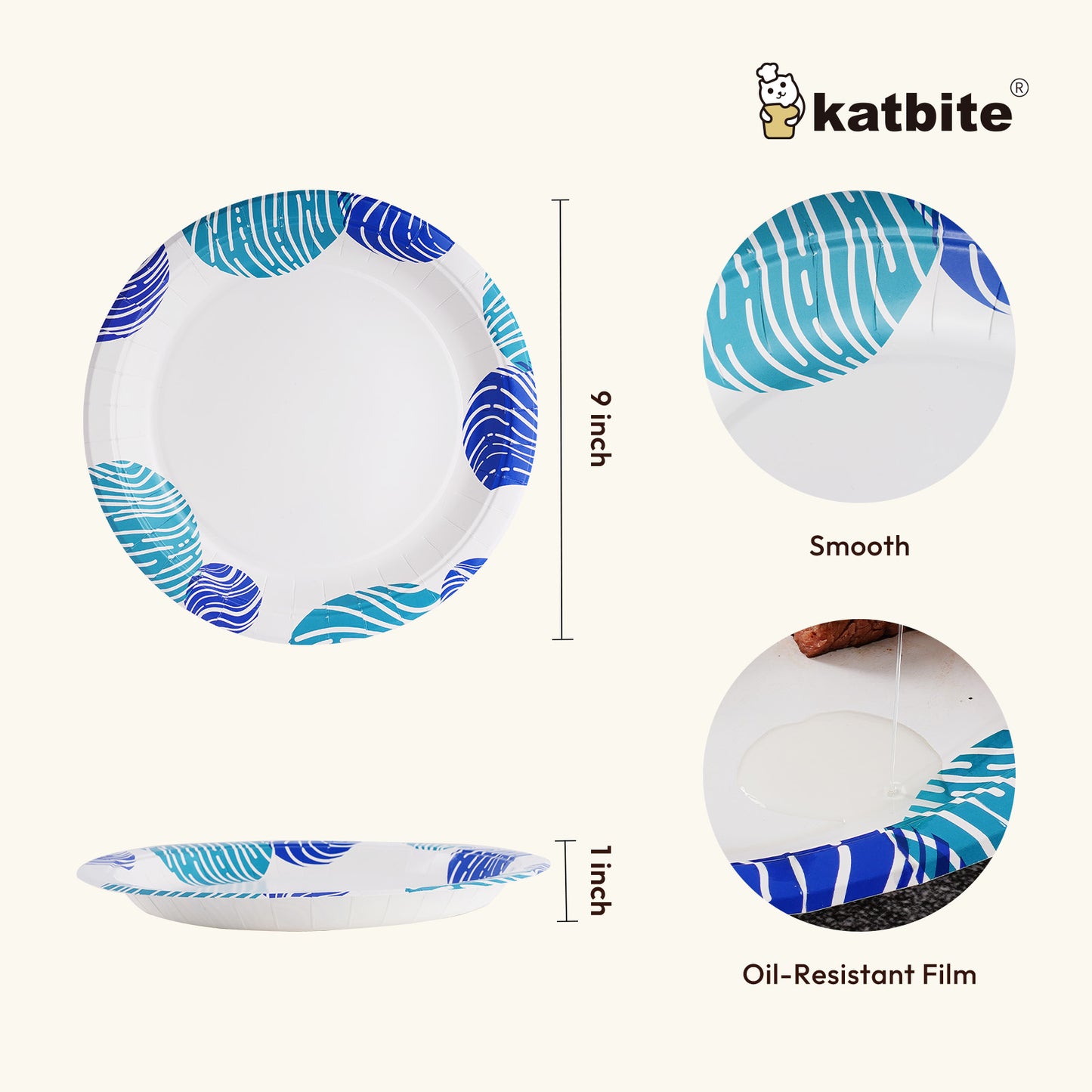 Katbite 9-Inch Round Biodegradable Compostable Paper Plates, 125 Count - Eco-Friendly Disposable Tableware