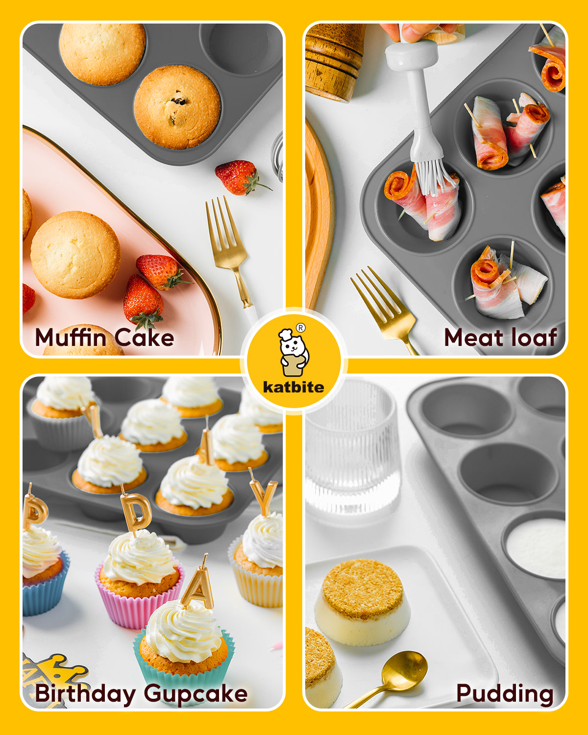 Katbite Silicone Muffin Pan, Non-stick BPA Free Cupcake Pans 12 Cups With 6 baking cups,Grey