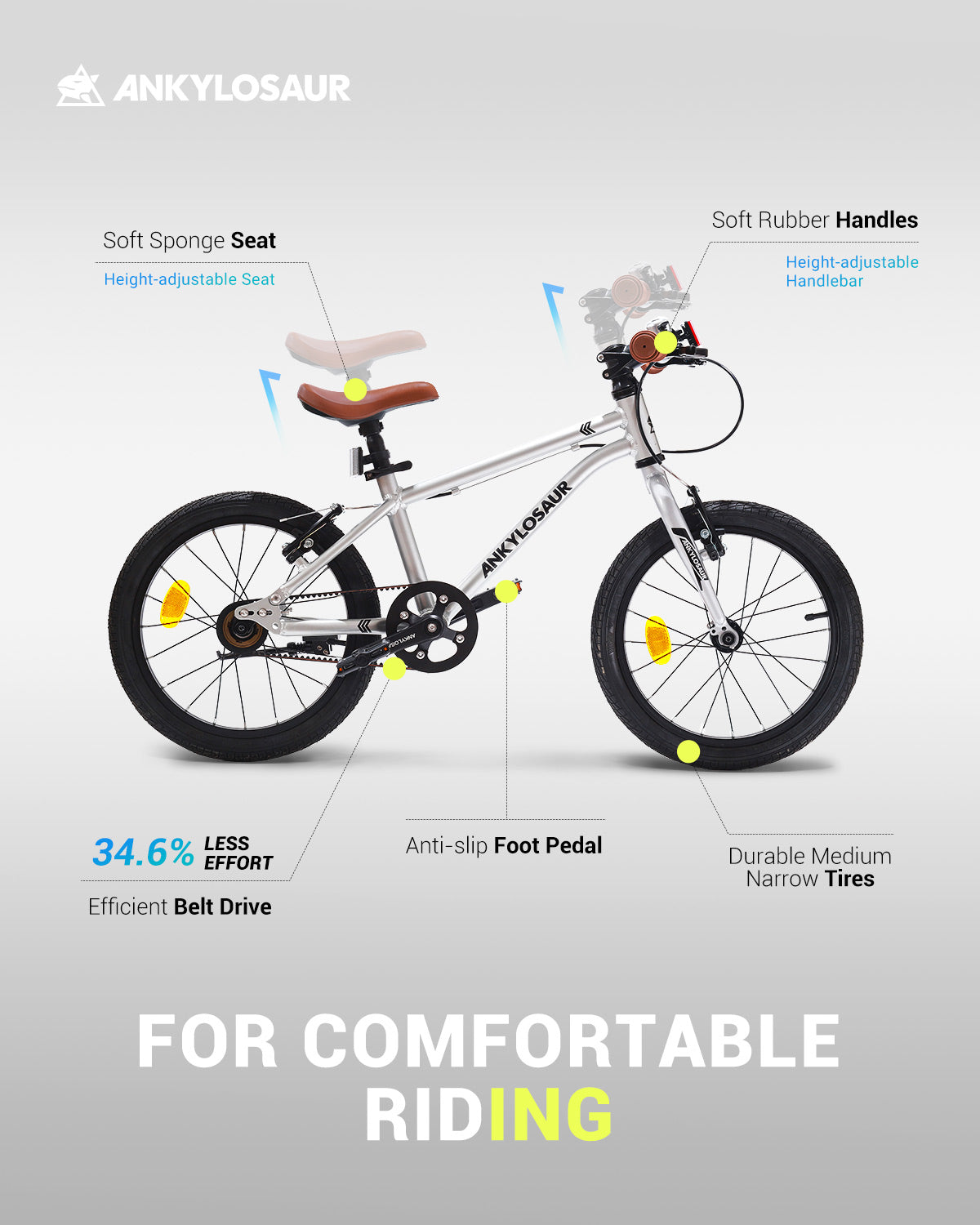 ANKLOSAUR 16" Kids Bike – Lightweight, Dual-Brake Bicycle for Ages 4-12, Black