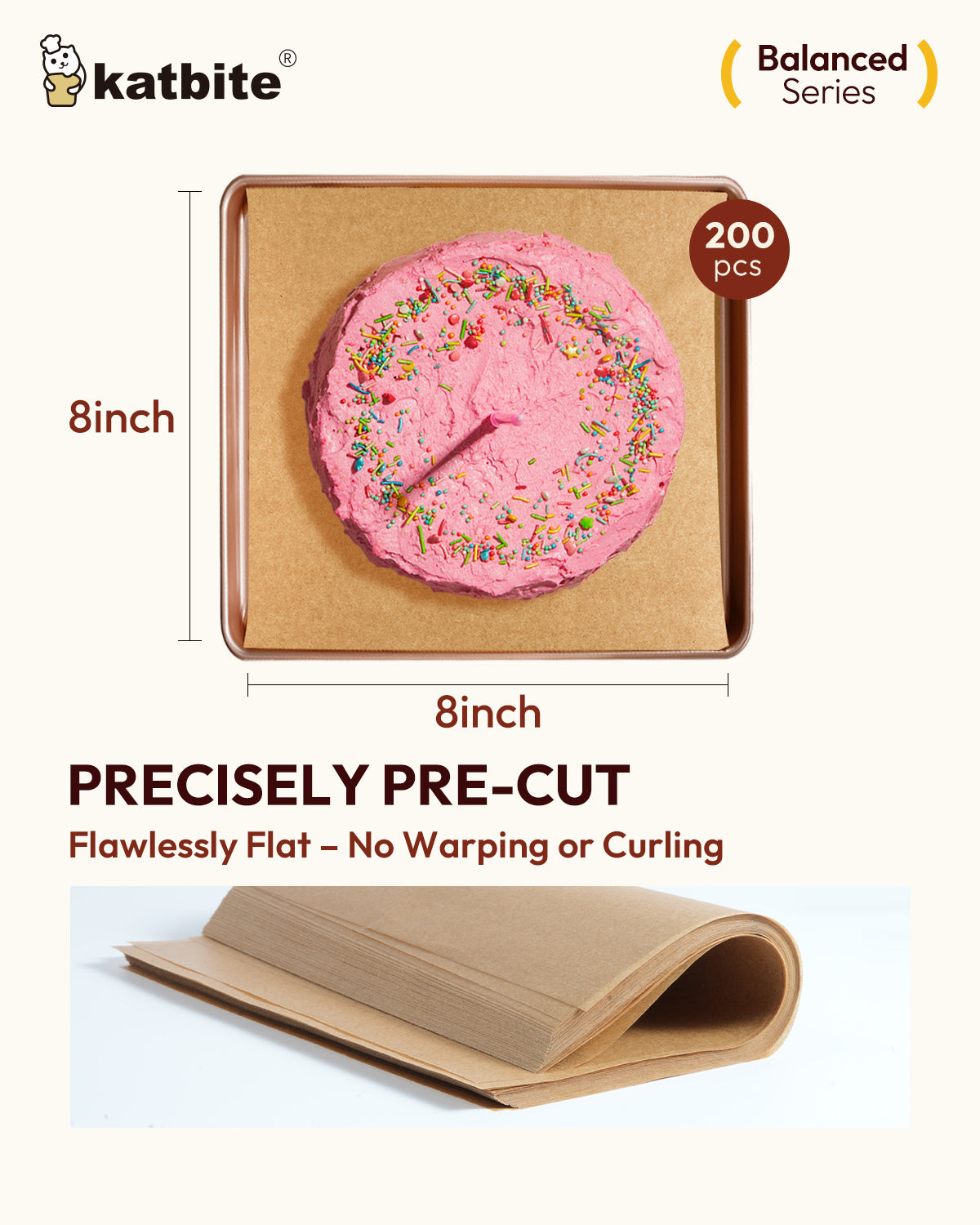 Katbite parchment paper baking sheets, 8 x 8 inch, 200 count, unbleached, non-stick, oil-resistant, precut square liners