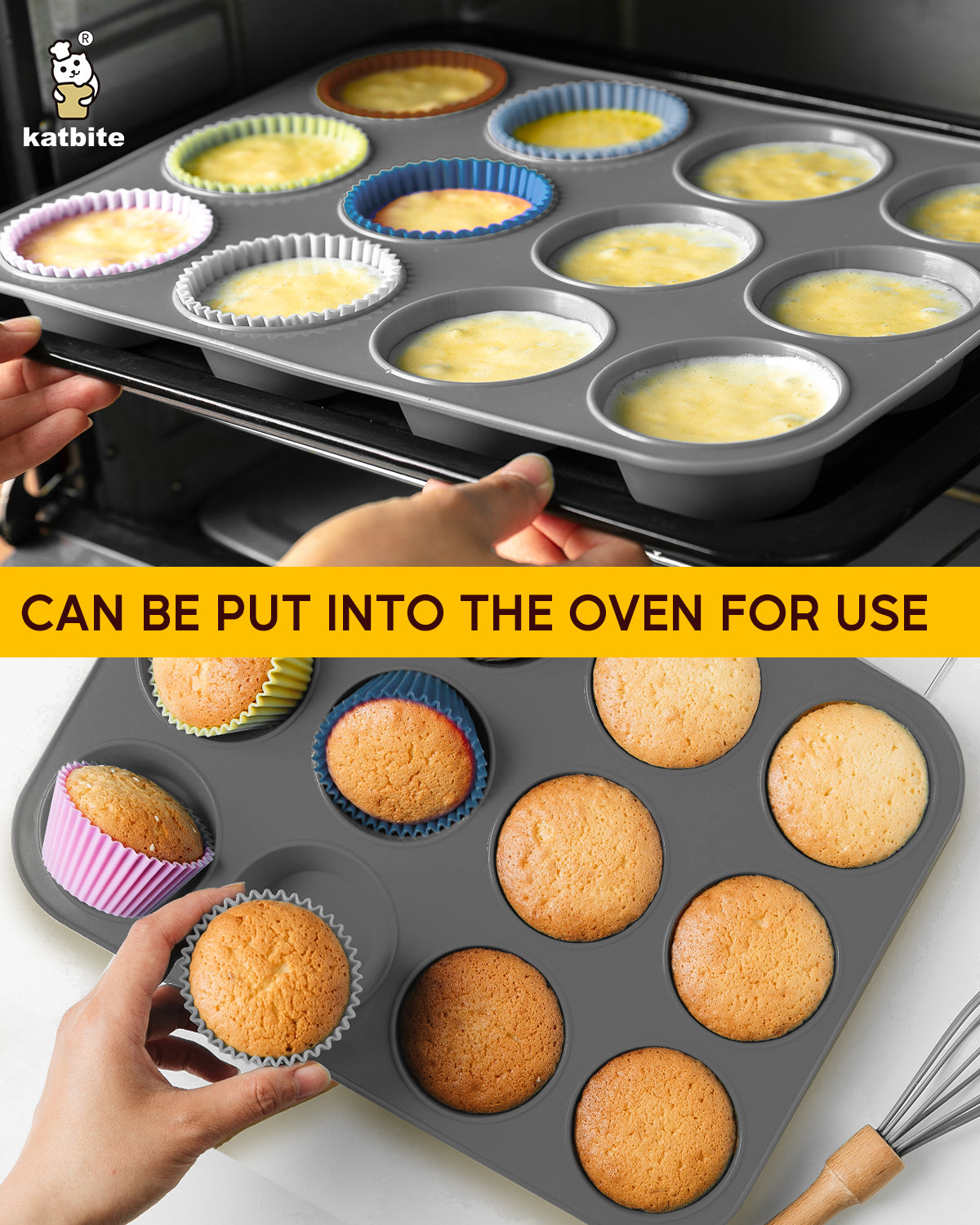 Katbite Silicone Muffin Pan, Non-stick BPA Free Cupcake Pans 12 Cups With 6 baking cups,Grey