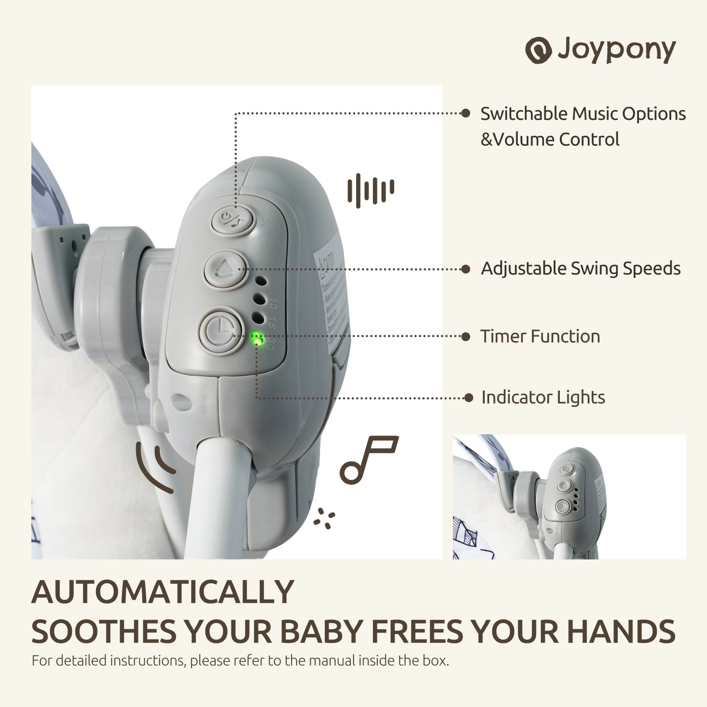 Joypony Portable Baby Swing with Music and Removable Toy Bar – Lightweight, Foldable Infant Swing for Soothing and Playtime