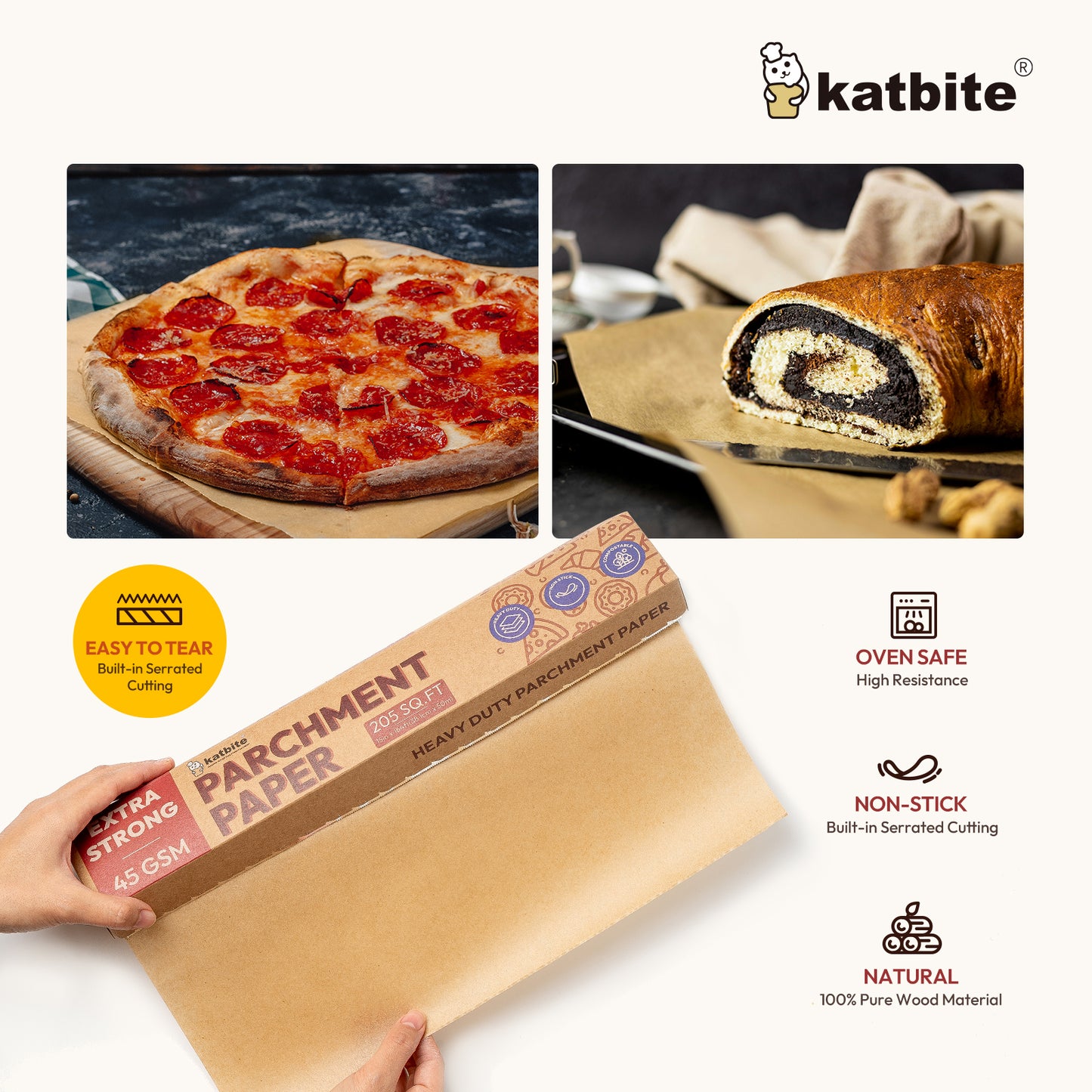 Katbite Heavy Duty Unbleached Parchment Paper Roll for Baking, 15 in x 164 ft, 205 sq.ft, Brown