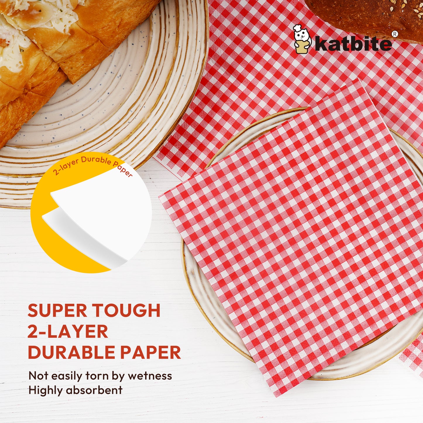 Katbite Disposable Paper Napkins Gingham Red and White, 6.5 inch, 50 Pcs