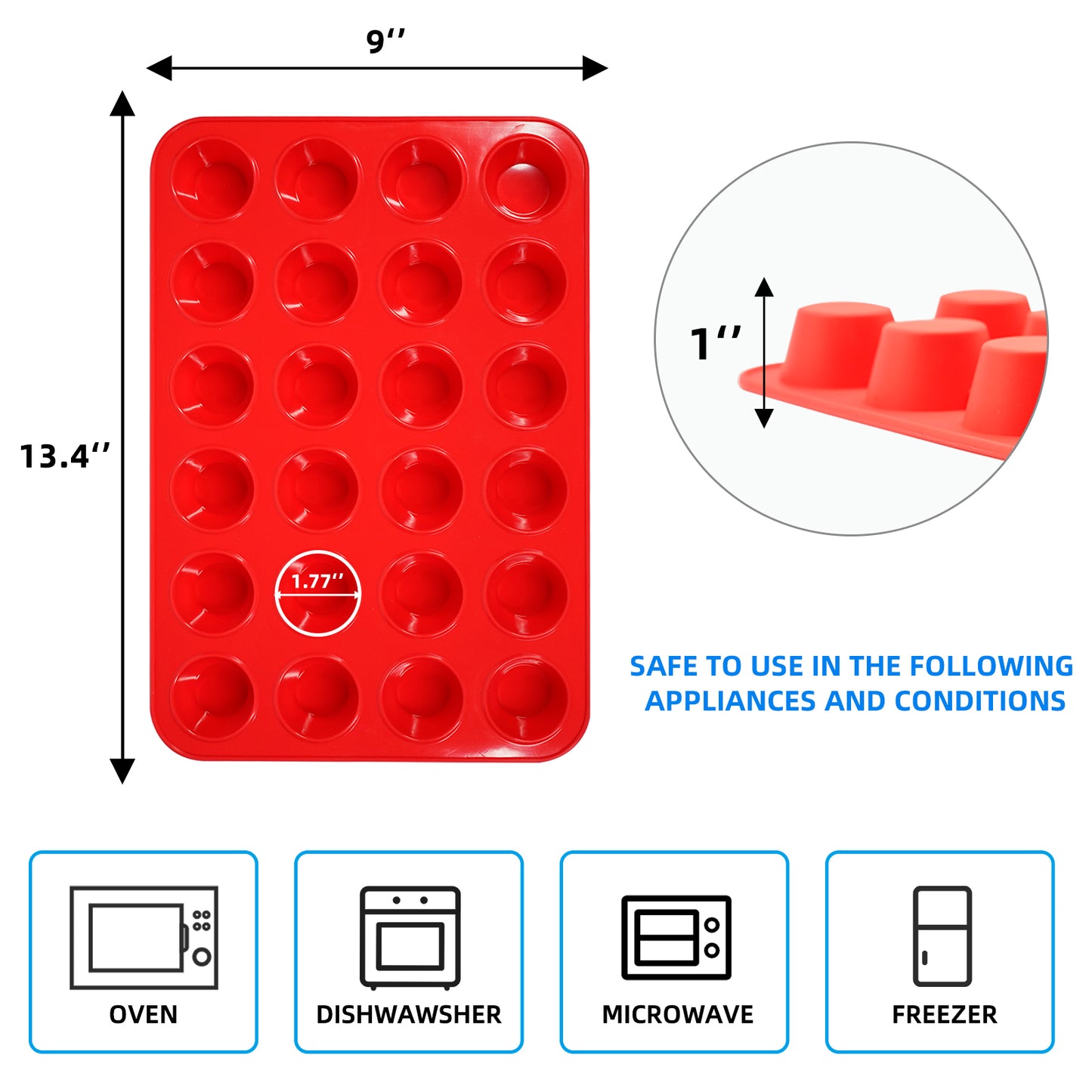 Katbite Silicone Mini Muffin Pan 24 Cups Cupcake Pan Food Grade Silicone Molds for Baking,Red