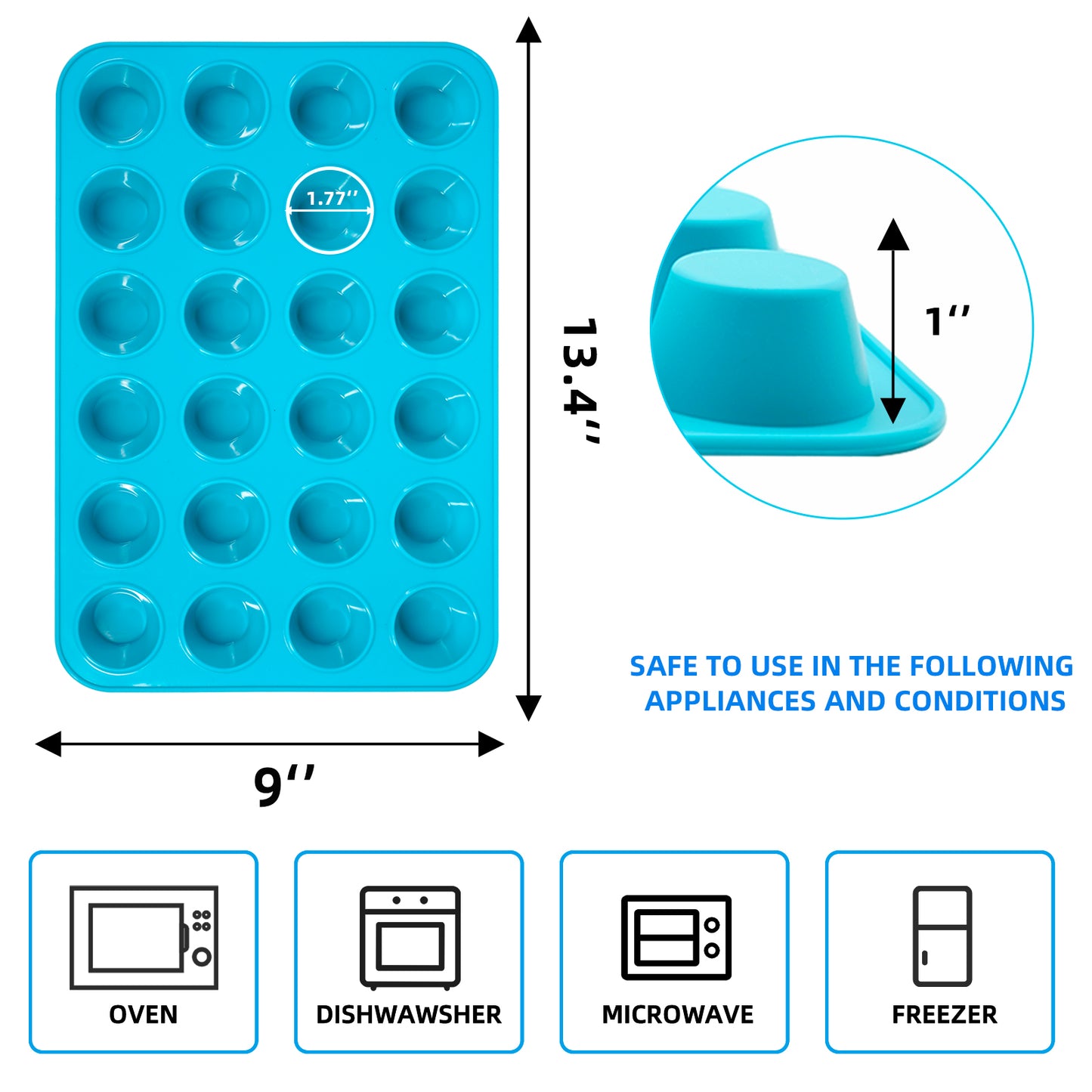 Katbite Silicone Mini Muffin Pan 24 Cups Cupcake Pan for Baking,Blue