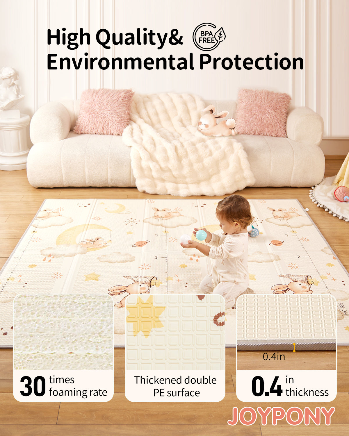 Joypony Baby Play Mat, Foldable Reversible Foam Crawling Mat for Baby Toddler Indoor Outdoor, 79x71x0.4 inch, Rabbit