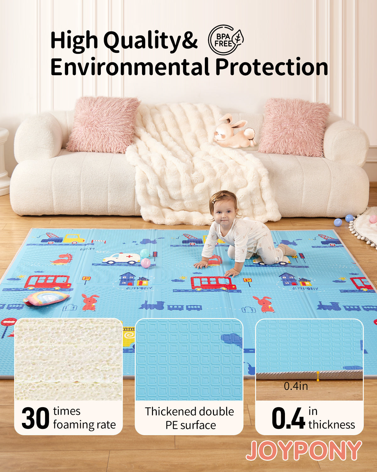 Joypony 79"x71" Waterproof Foldable Play Mat with Travel Bag – Extra Large for Baby & Toddlers