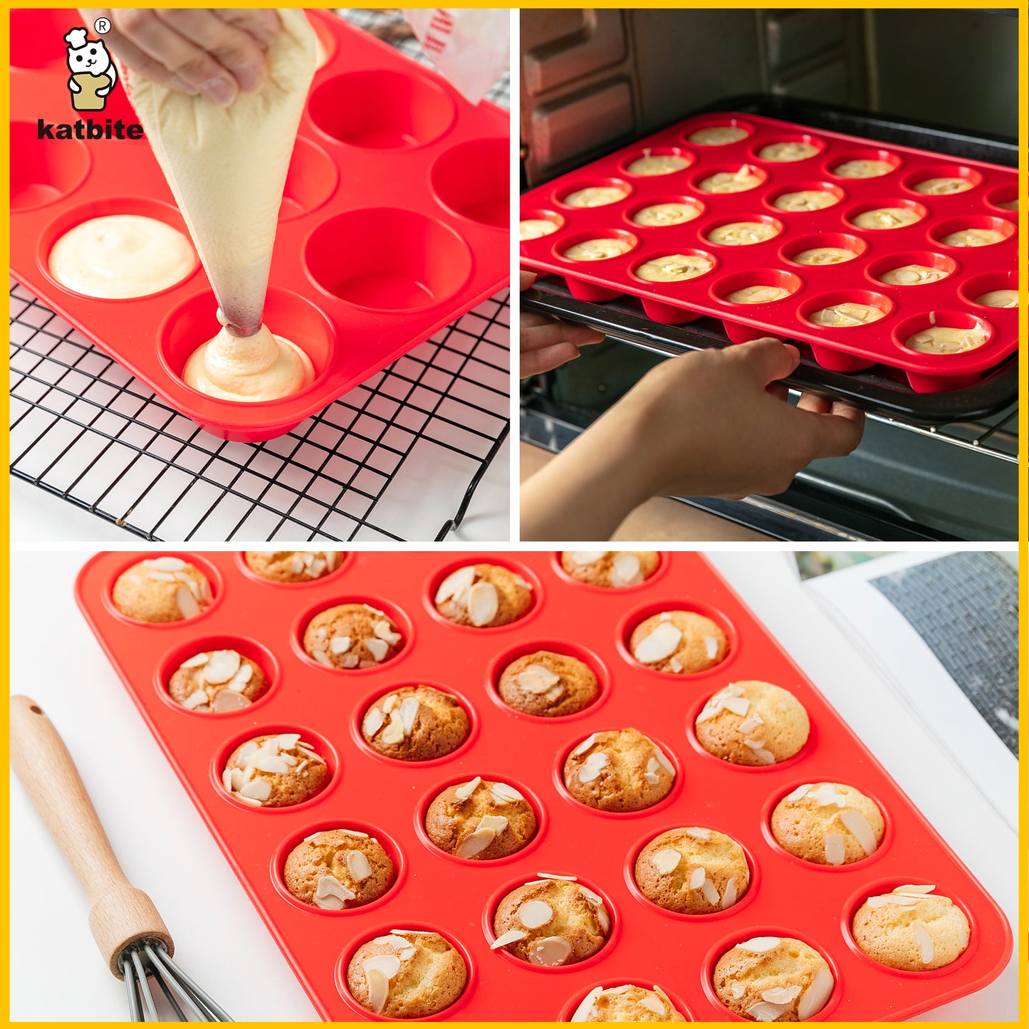 Katbite Silicone Mini Muffin Pan 24 Cups Cupcake Pan Food Grade Silicone Molds for Baking,Red