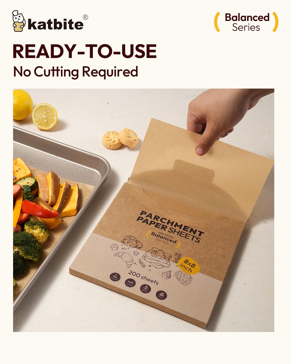 Katbite parchment paper baking sheets, 8 x 8 inch, 200 count, unbleached, non-stick, oil-resistant, precut square liners
