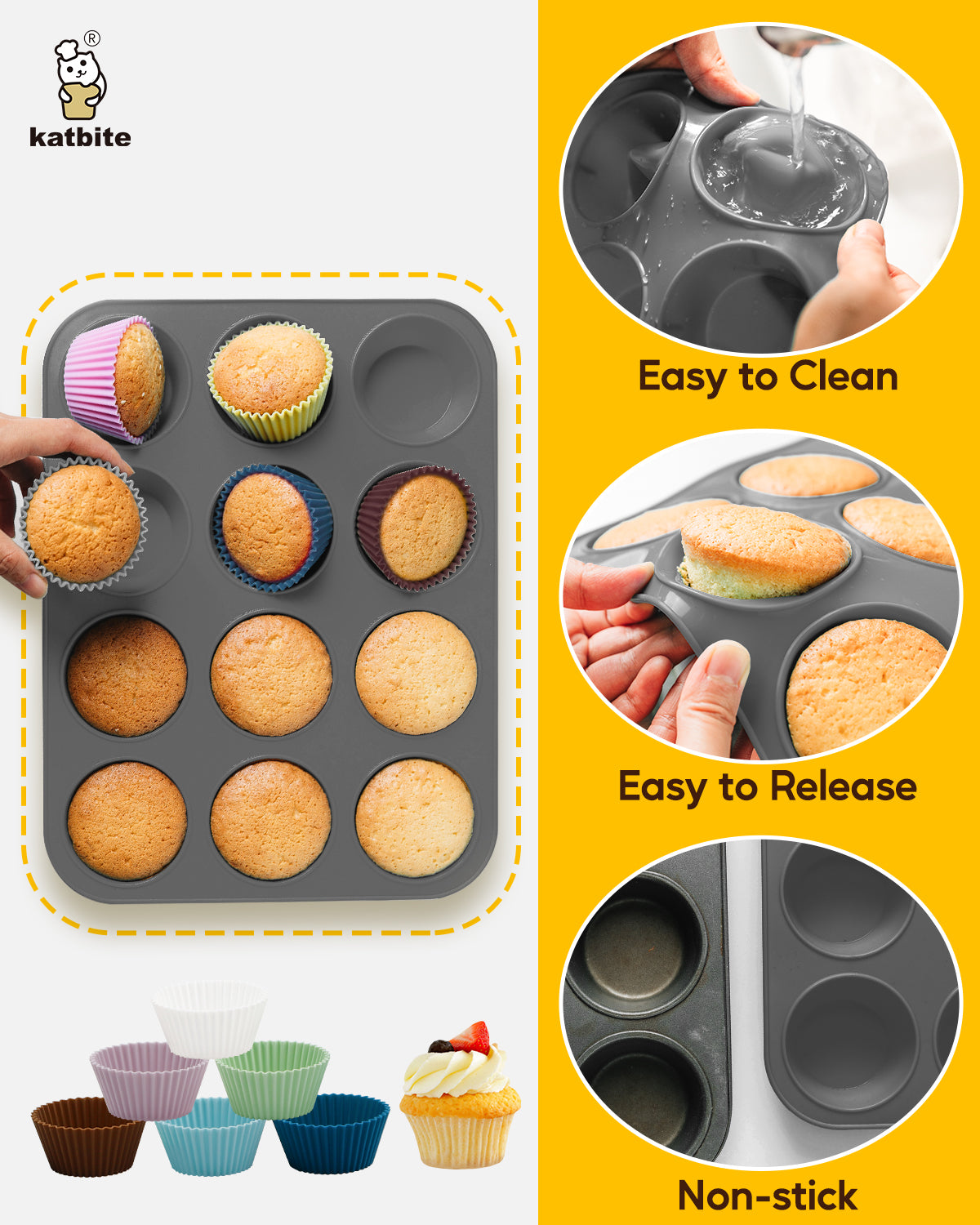 Katbite Silicone Muffin Pan, Non-stick BPA Free Cupcake Pans 12 Cups With 6 baking cups,Grey