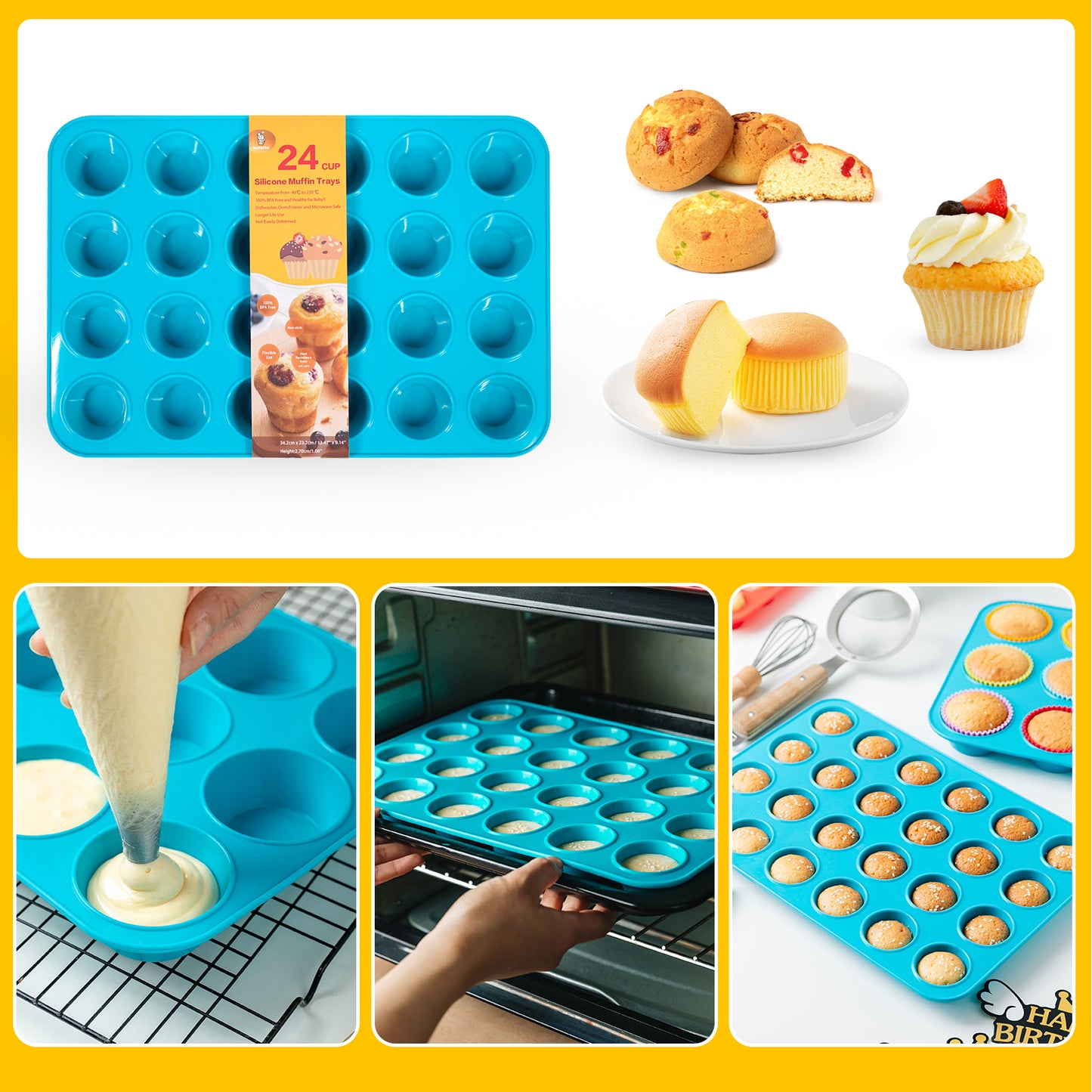 Katbite Silicone Mini Muffin Pan 24 Cups Cupcake Pan for Baking,Blue