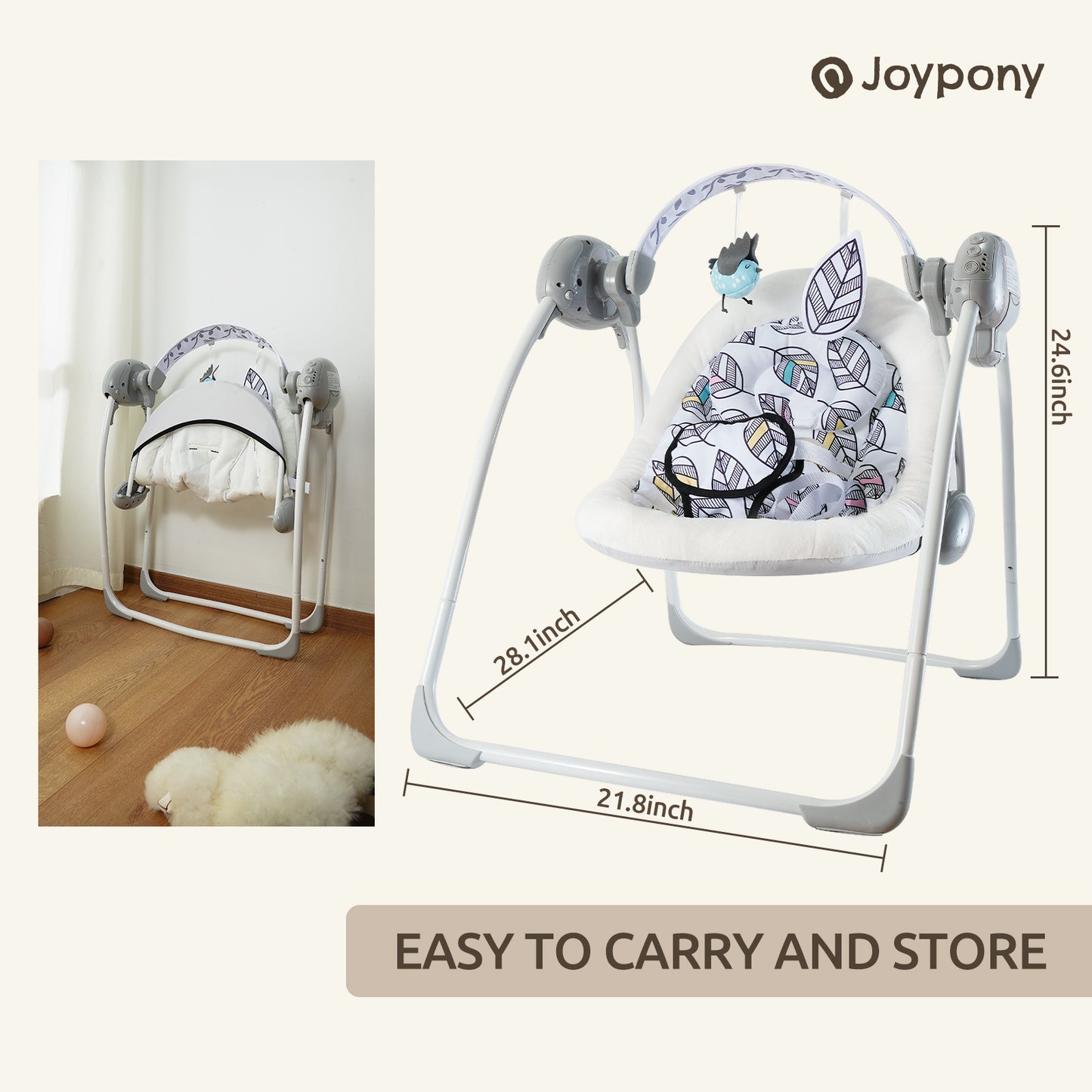 Joypony Portable Baby Swing with Music and Removable Toy Bar – Lightweight, Foldable Infant Swing for Soothing and Playtime