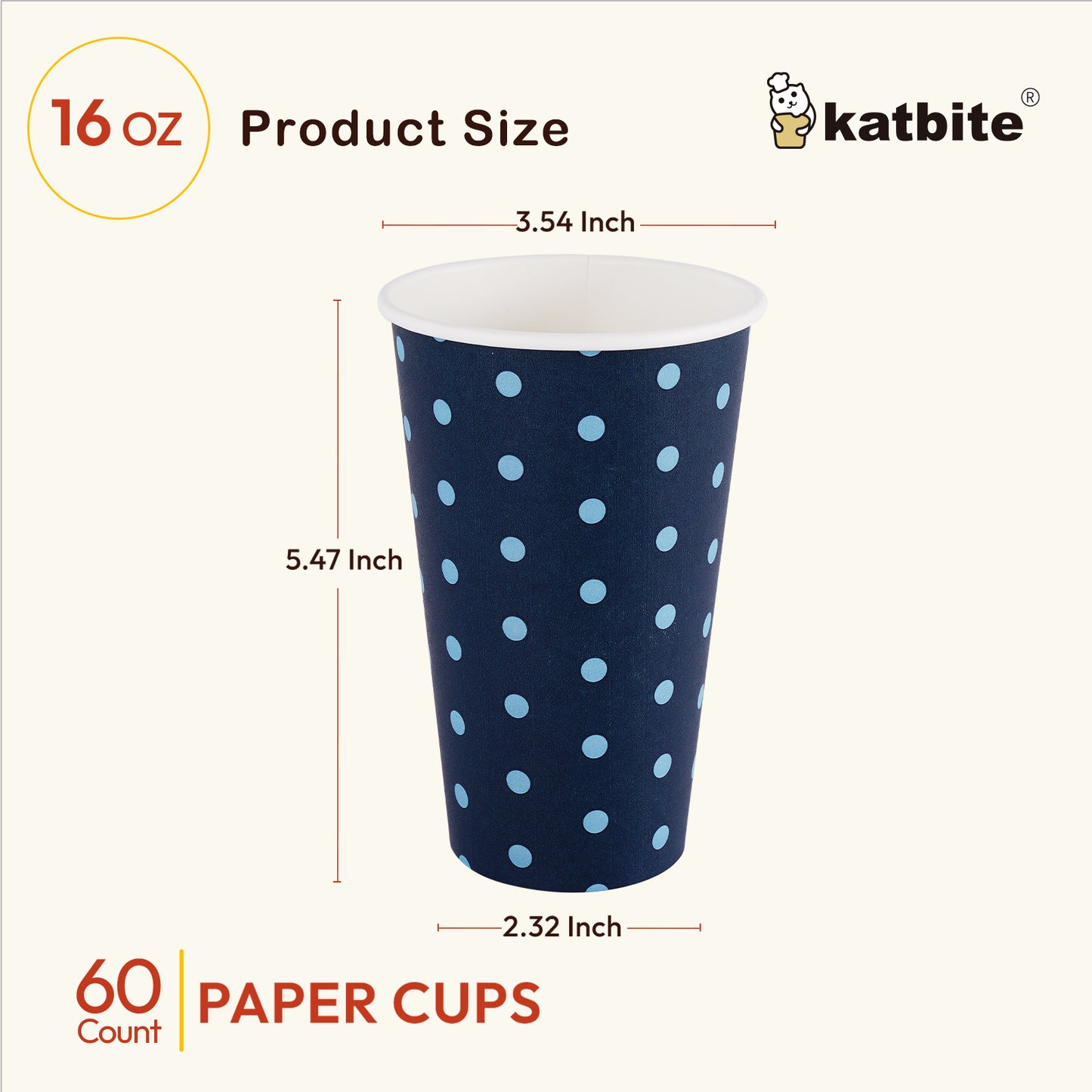 Katbite Biodegradable Eco-Friendly Disposable Paper Cups, 16 oz, 60 Count for Hot/Cold Beverages
