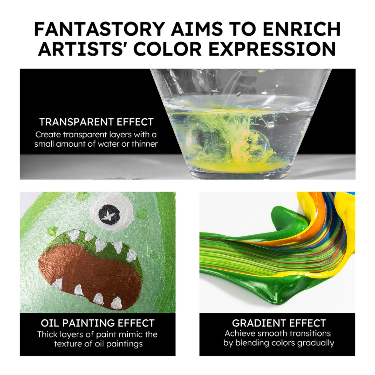 Fantastory Metallic Iridescent Acrylic Paint Set with 12 Brushes, 12 x 2oz Metallic Colors, Color-Shifting, Craft Paint Kit