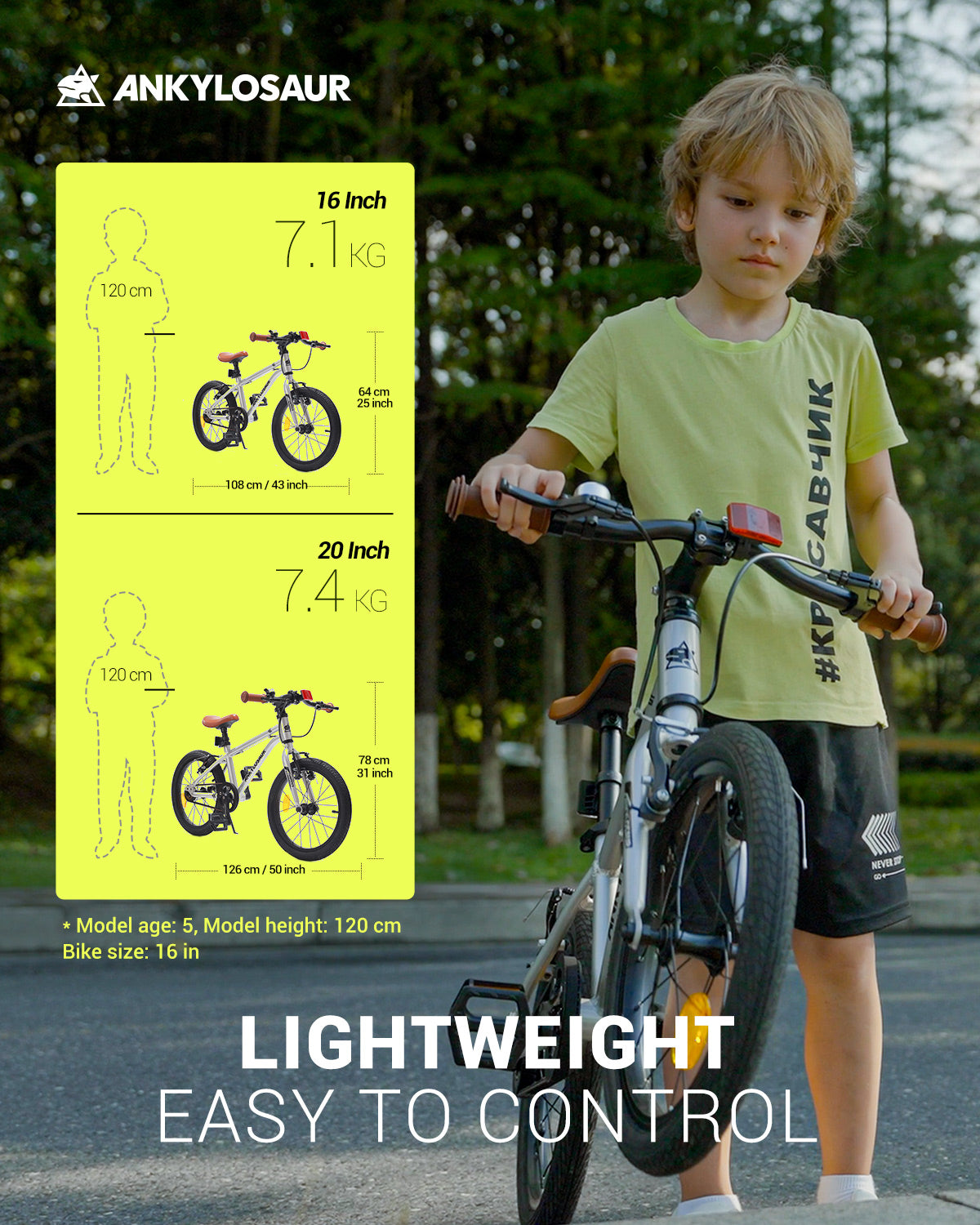 ANKLOSAUR 16" Kids Bike – Lightweight, Dual-Brake Bicycle for Ages 4-12, Black