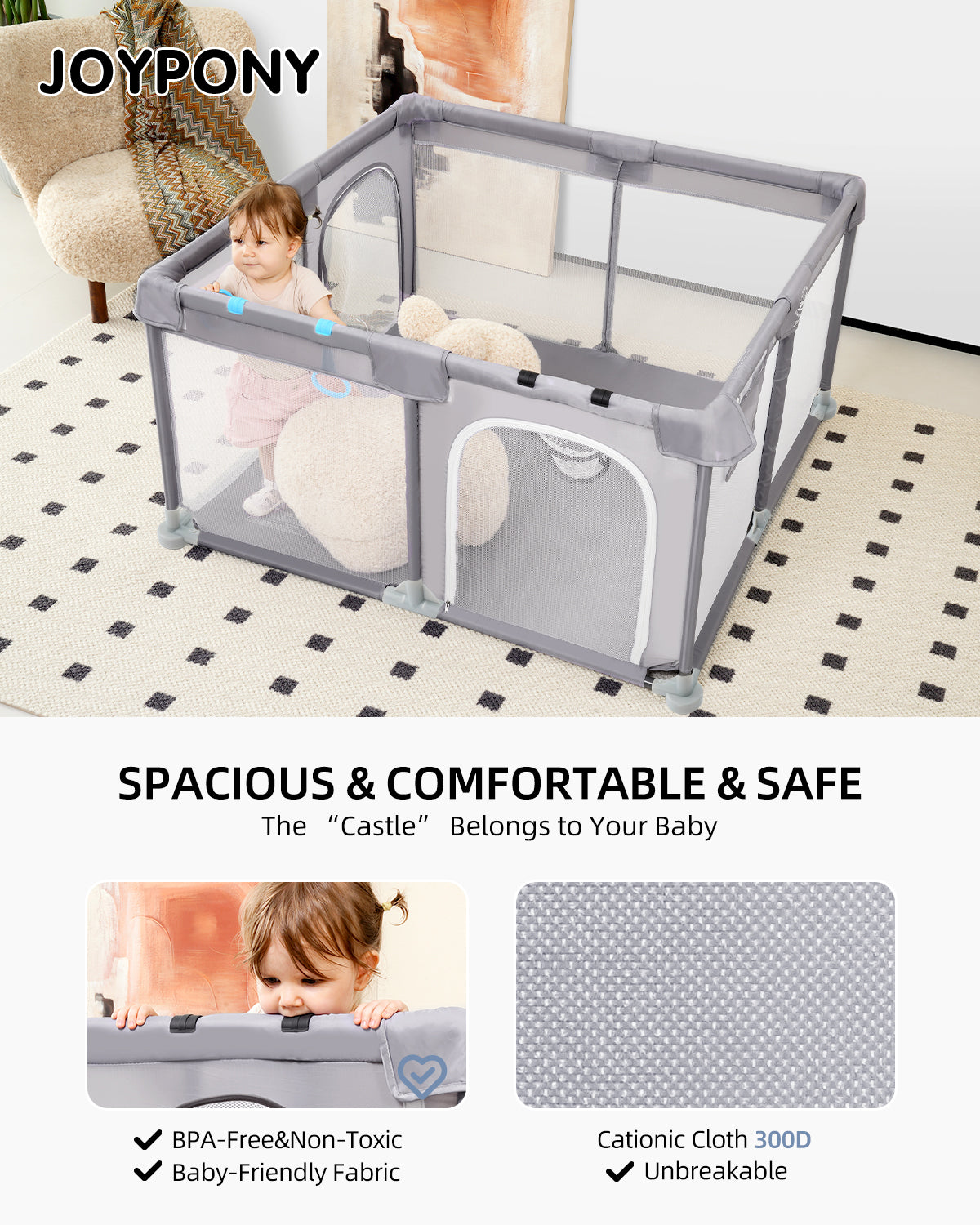Joypony Extra Large Baby Playpen - Babies and Toddlers Playard and Activity Center (50x50x27 inch)