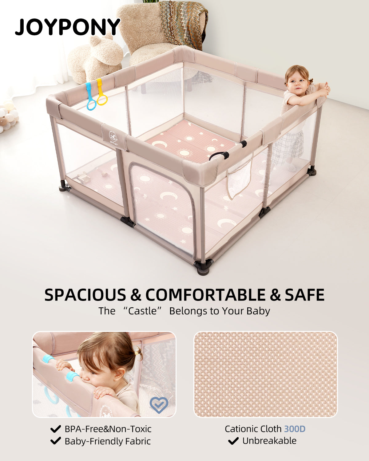Joypony Large Baby Playpen with Mat, 50 x 50 x 27 in, Breathable Mesh, Anti-Slip Base
