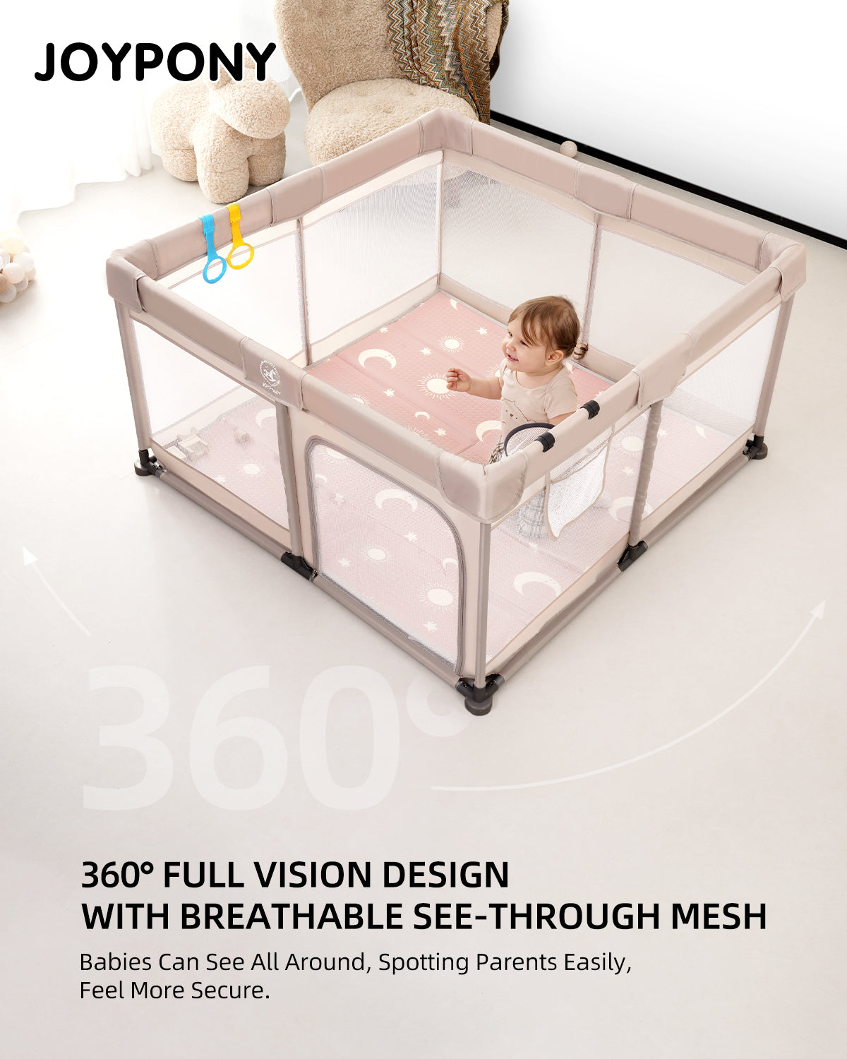 Joypony Large Baby Playpen with Mat, 50 x 50 x 27 in, Breathable Mesh, Anti-Slip Base