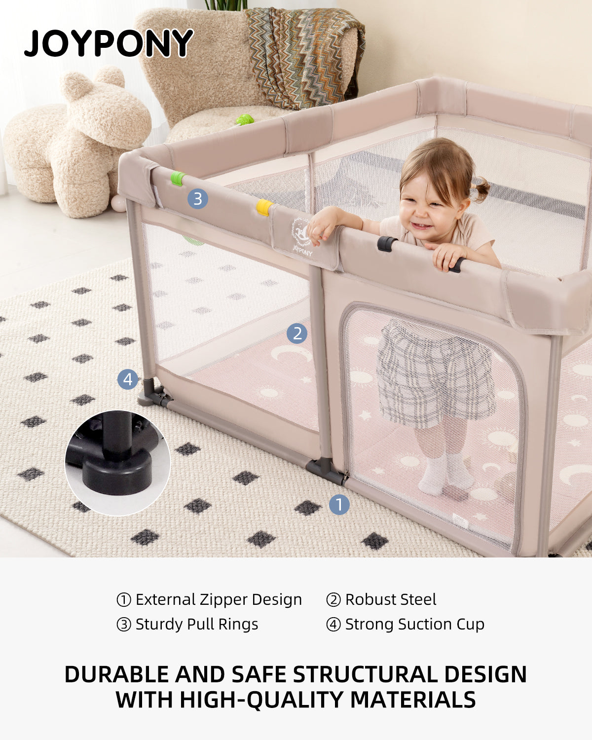 Joypony Large Baby Playpen with Mat, 50 x 50 x 27 in, Breathable Mesh, Anti-Slip Base