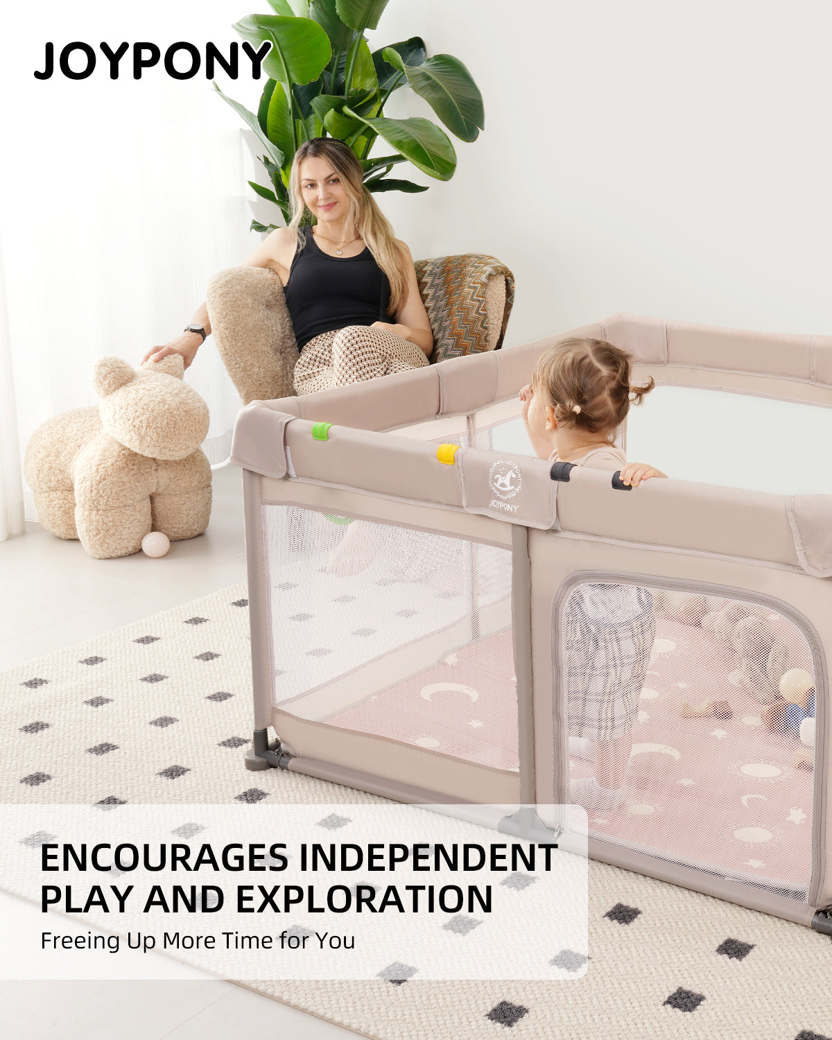 Joypony Large Baby Playpen with Mat, 50 x 50 x 27 in, Breathable Mesh, Anti-Slip Base