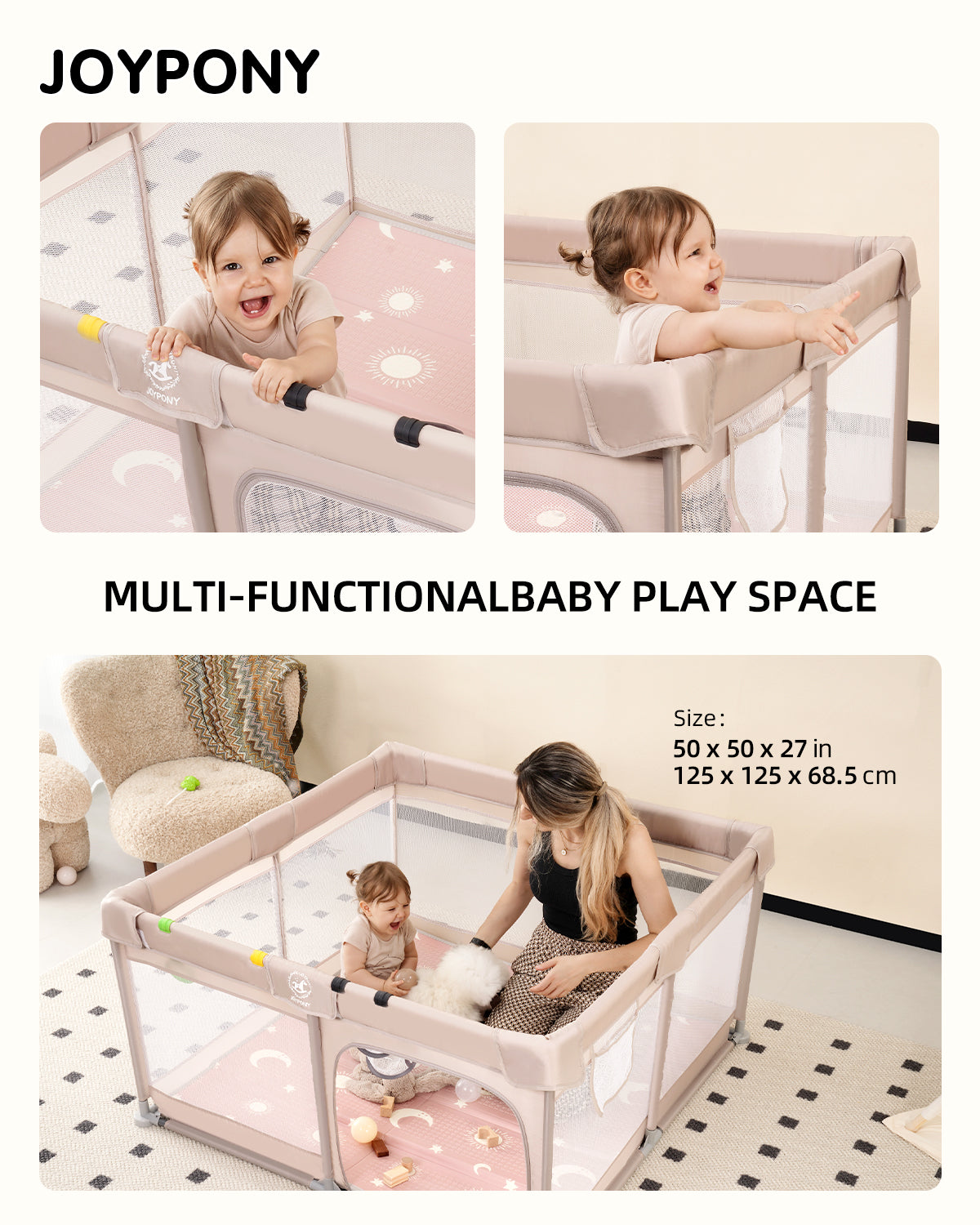 Joypony Large Baby Playpen with Mat, 50 x 50 x 27 in, Breathable Mesh, Anti-Slip Base