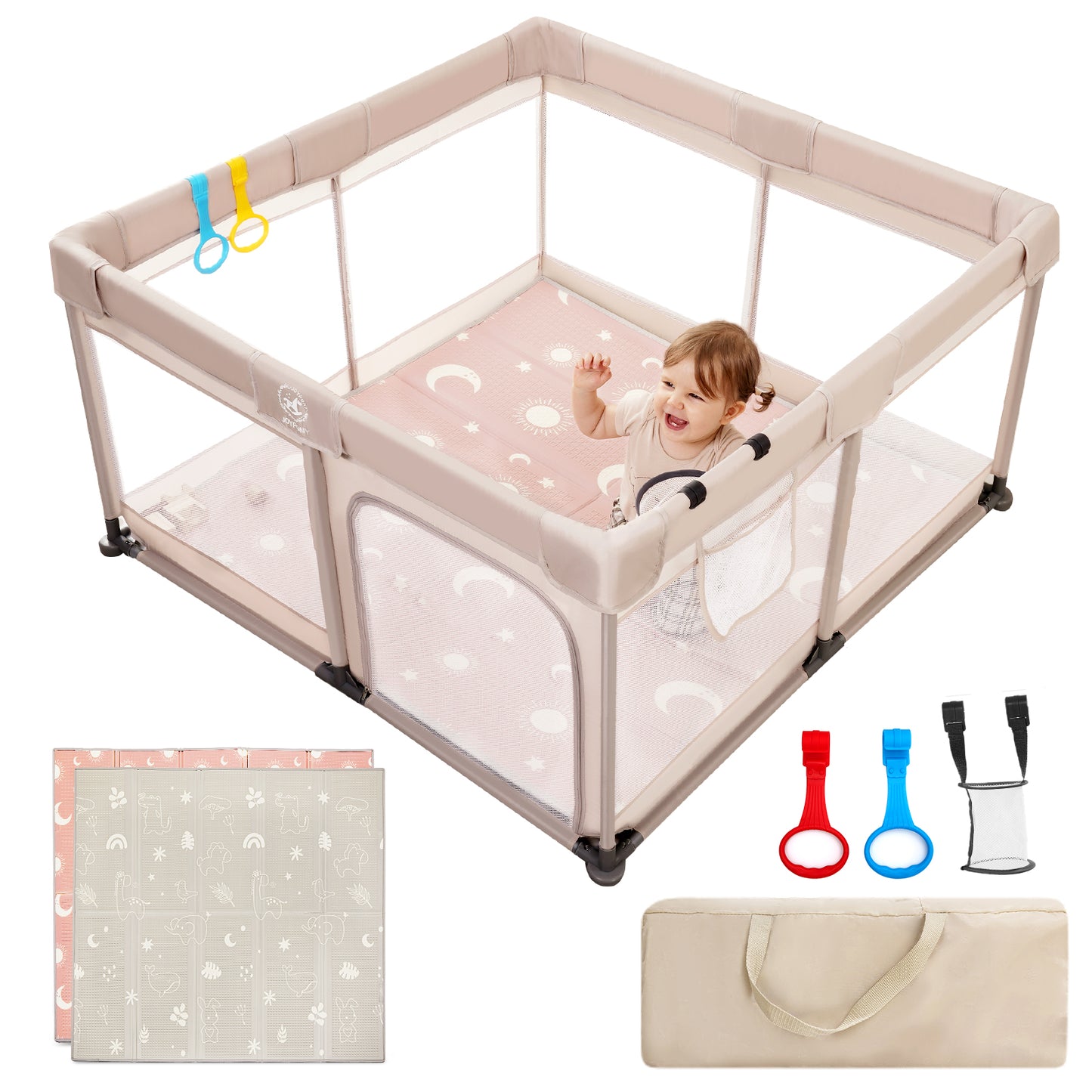 Joypony Large Baby Playpen with Mat, 50 x 50 x 27 in, Breathable Mesh, Anti-Slip Base