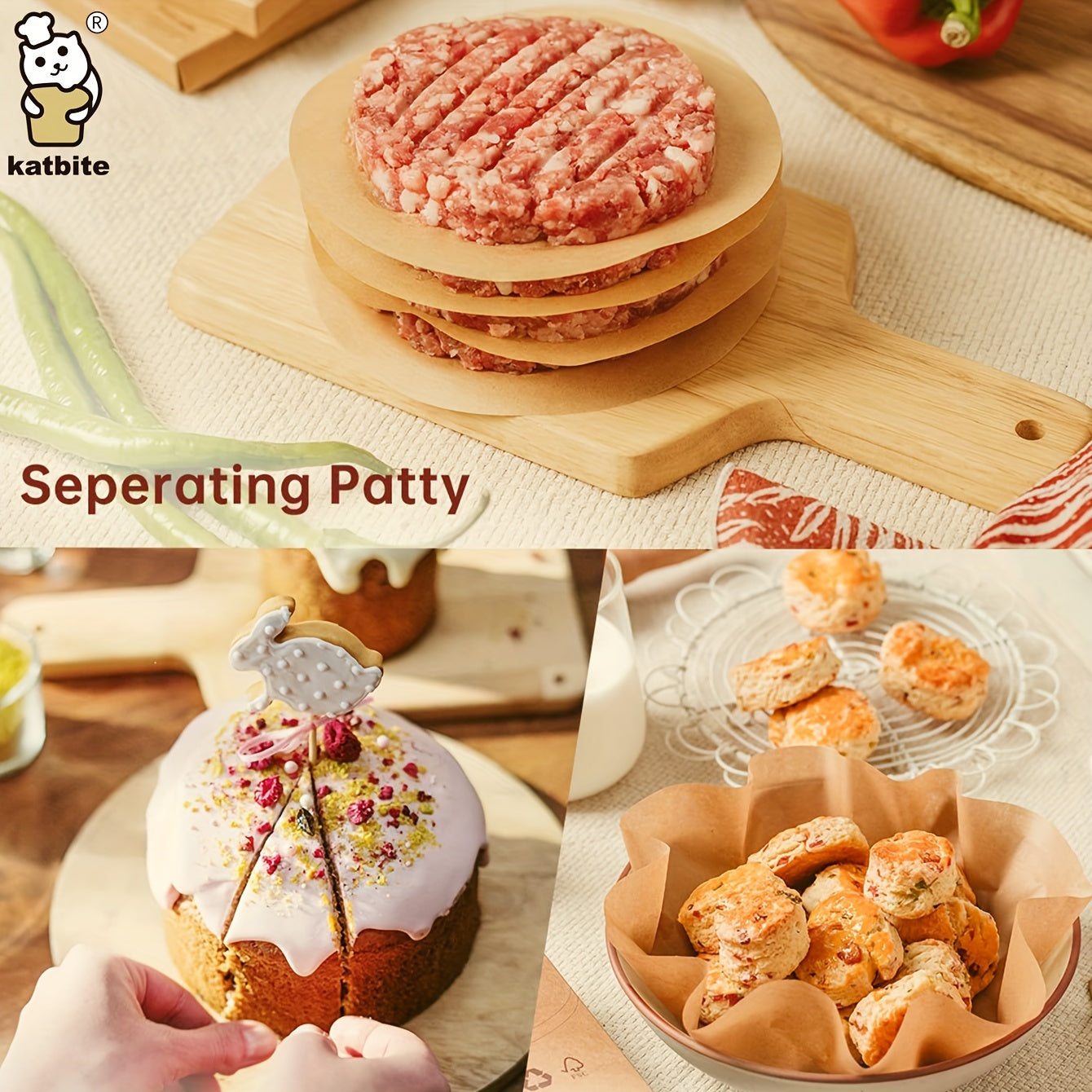 Katbite 200Pcs 8 Inch Parchment Paper Rounds, Unbleached & Non-stick, Precut Parchment Circles for Spring Pan, Storage/Freezing Hamburger Patties