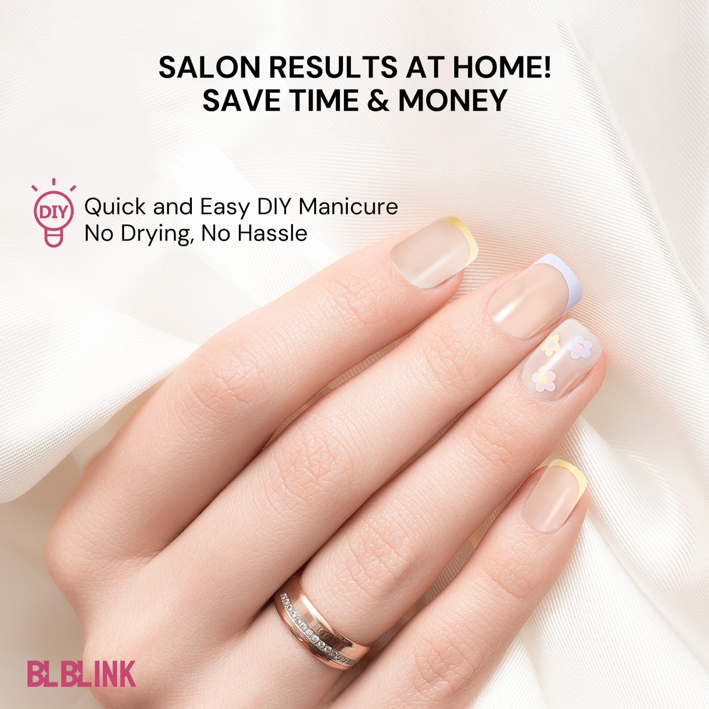 BLBLINK Press-On Nails, 24PCS Short Square Shape, Multicolor Floral Design, Salon-Quality Look
