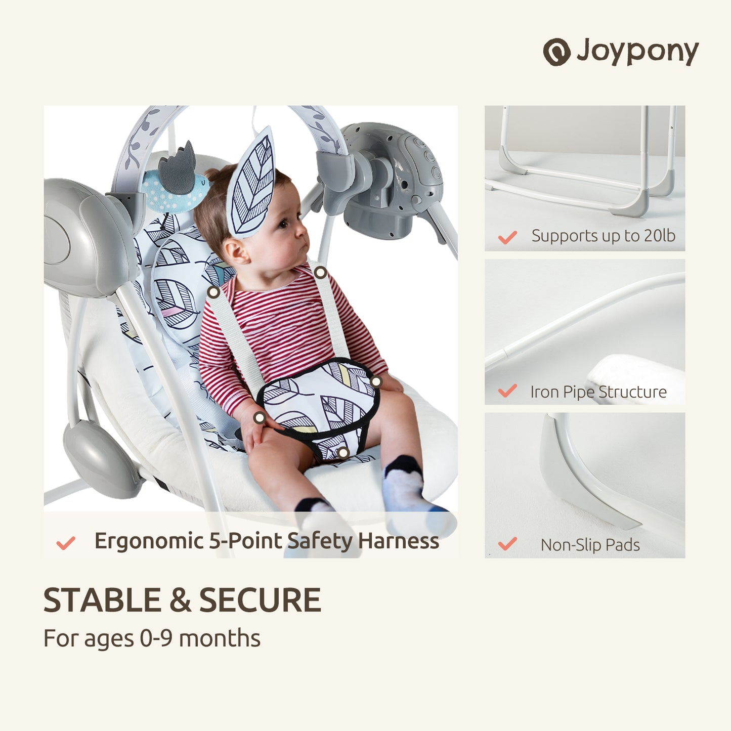 Joypony Portable Baby Swing with Music and Removable Toy Bar – Lightweight, Foldable Infant Swing for Soothing and Playtime
