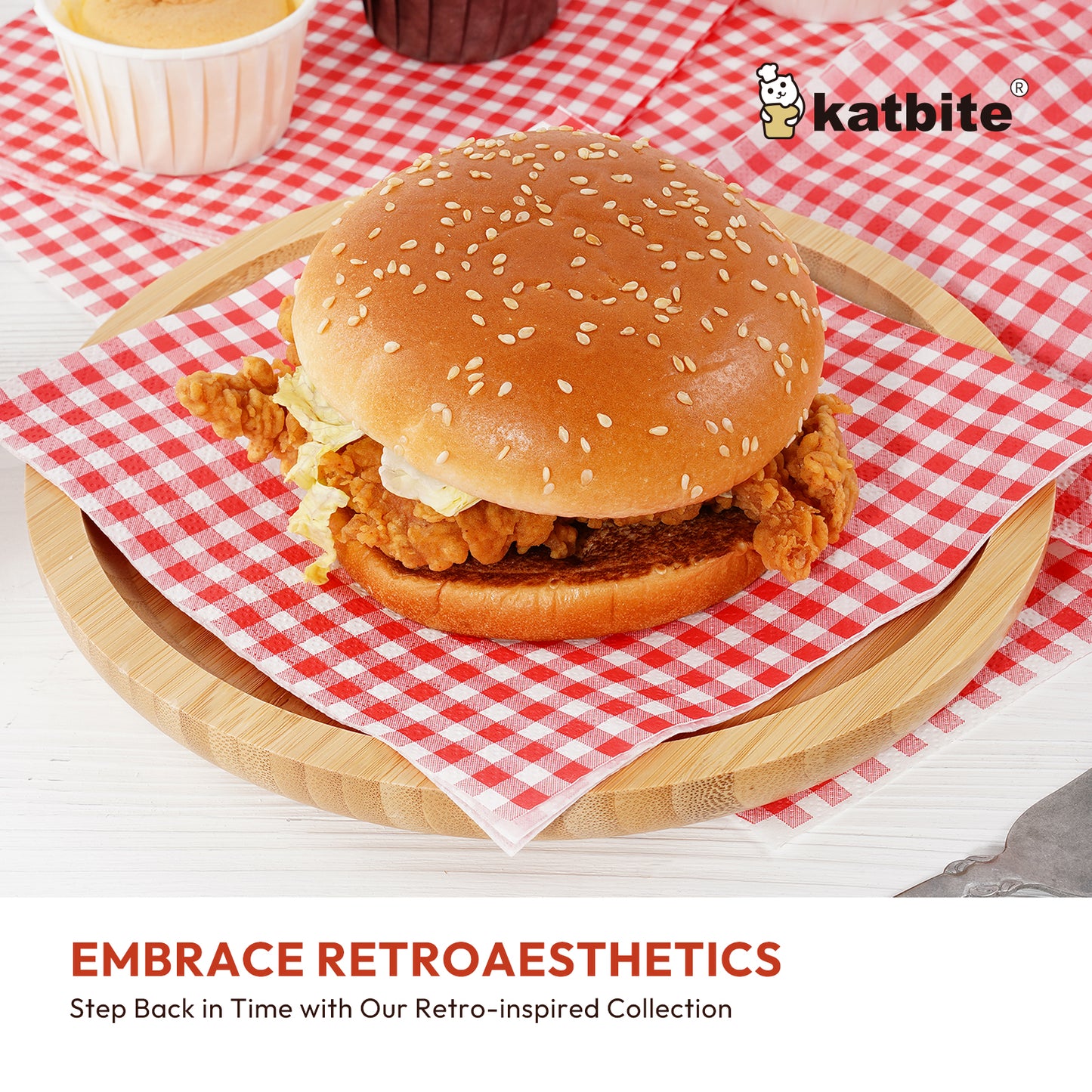 Katbite Disposable Paper Napkins Gingham Red and White, 6.5 inch, 50 Pcs